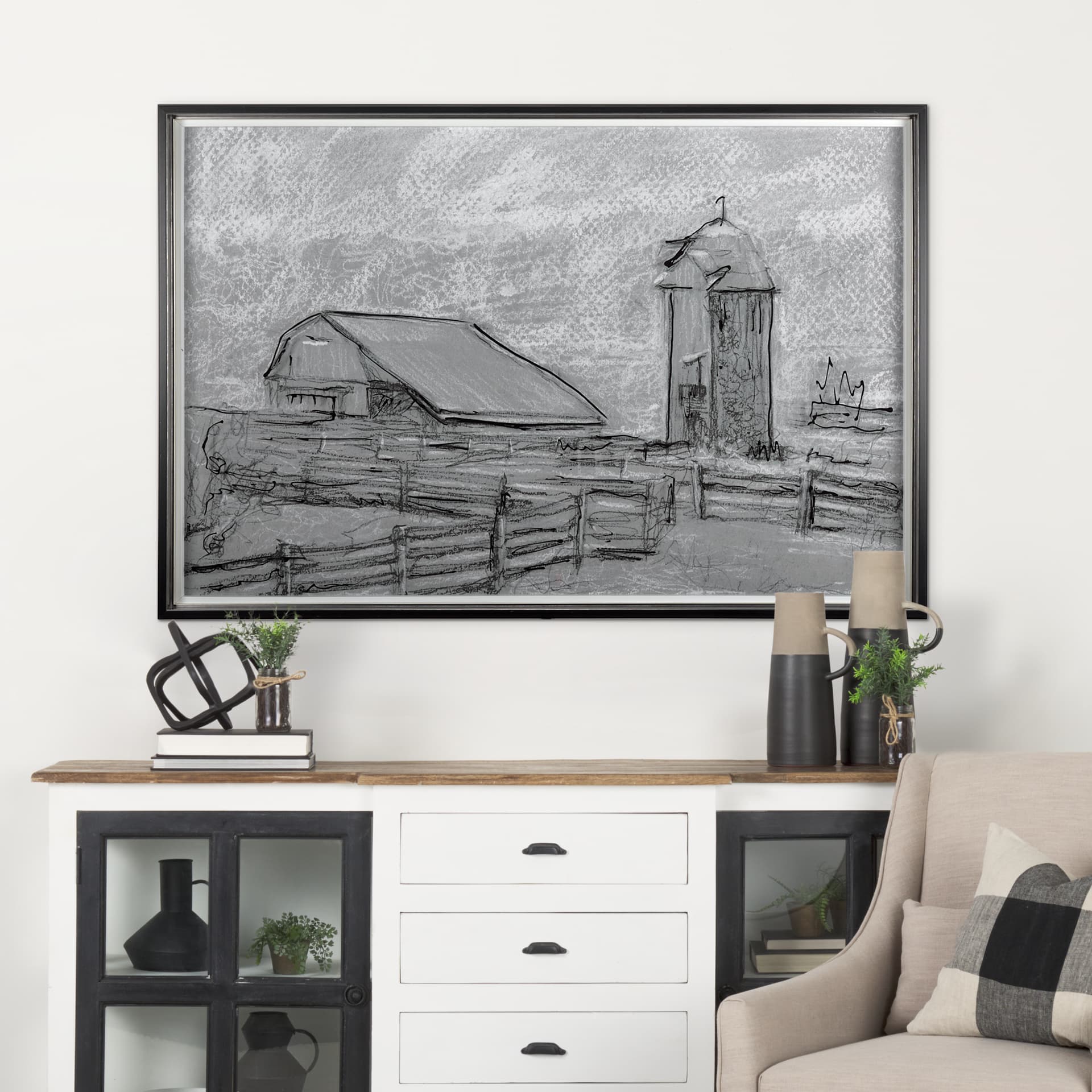 Farm view sketch II by Mercana Studio Hand Embellished Textured Framed Art Print Matted under Glass — in a styled room