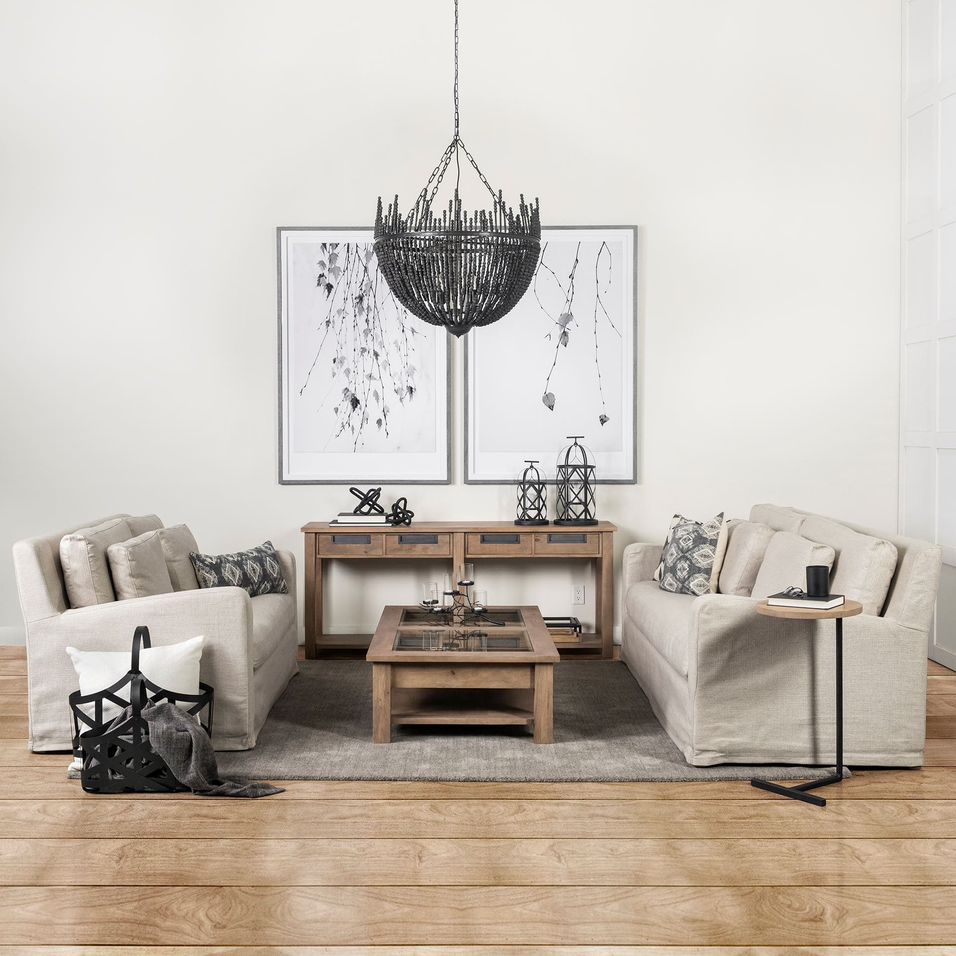Liam I 32x30 Black Wooden Bead Bowl-Style Four Bulb Chandelier — in a styled room