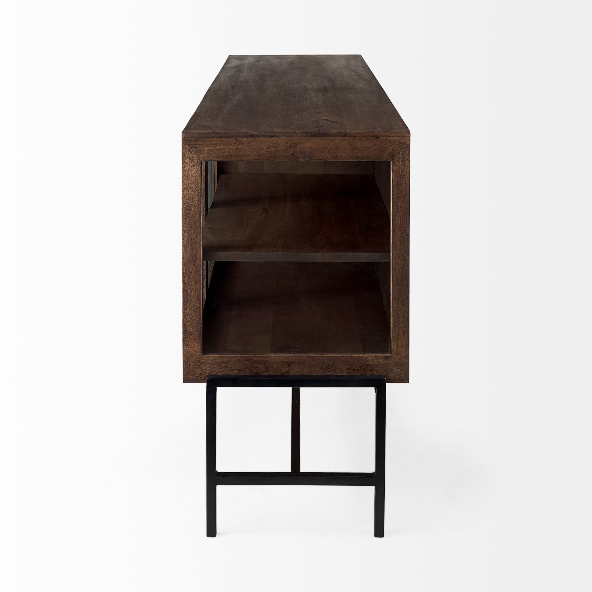 Arelius 70L x 18.75W x 32H Medium Brown, Black Metal Base w/ 4 Glass Door Cabinets Sideboard — product photograph