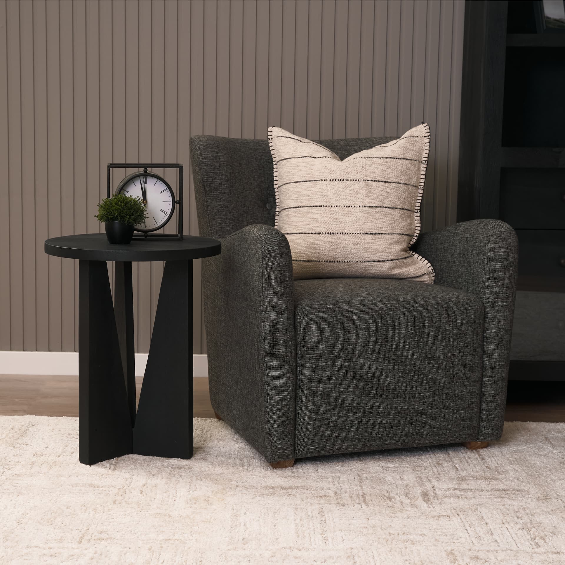 Dunstan Accent Chair Upholstered Gray Twill Fabric and Medium Brown Wood Feet — product photograph