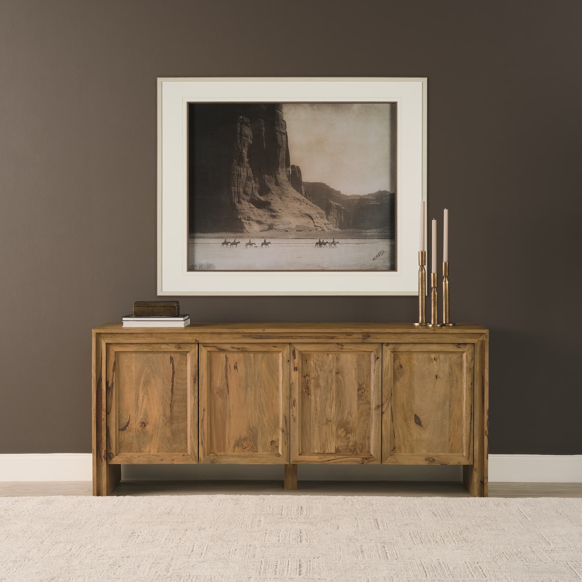Notts Brown Wood 4-Door Closed Sideboard — in a styled room