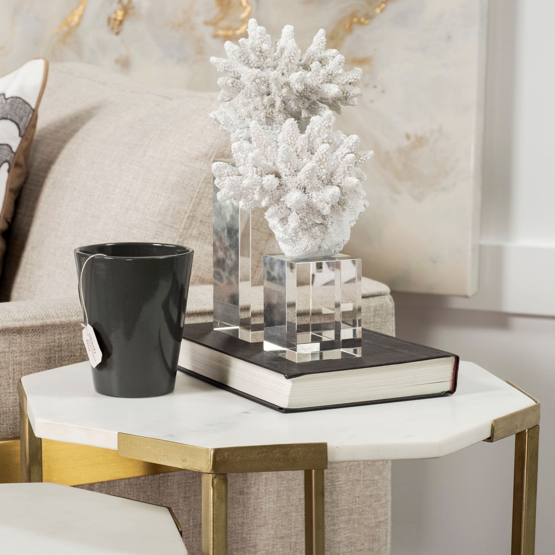 Isla (Large) 5L x 5W White Replica Resin Coral On Clear White Glass — in a styled room