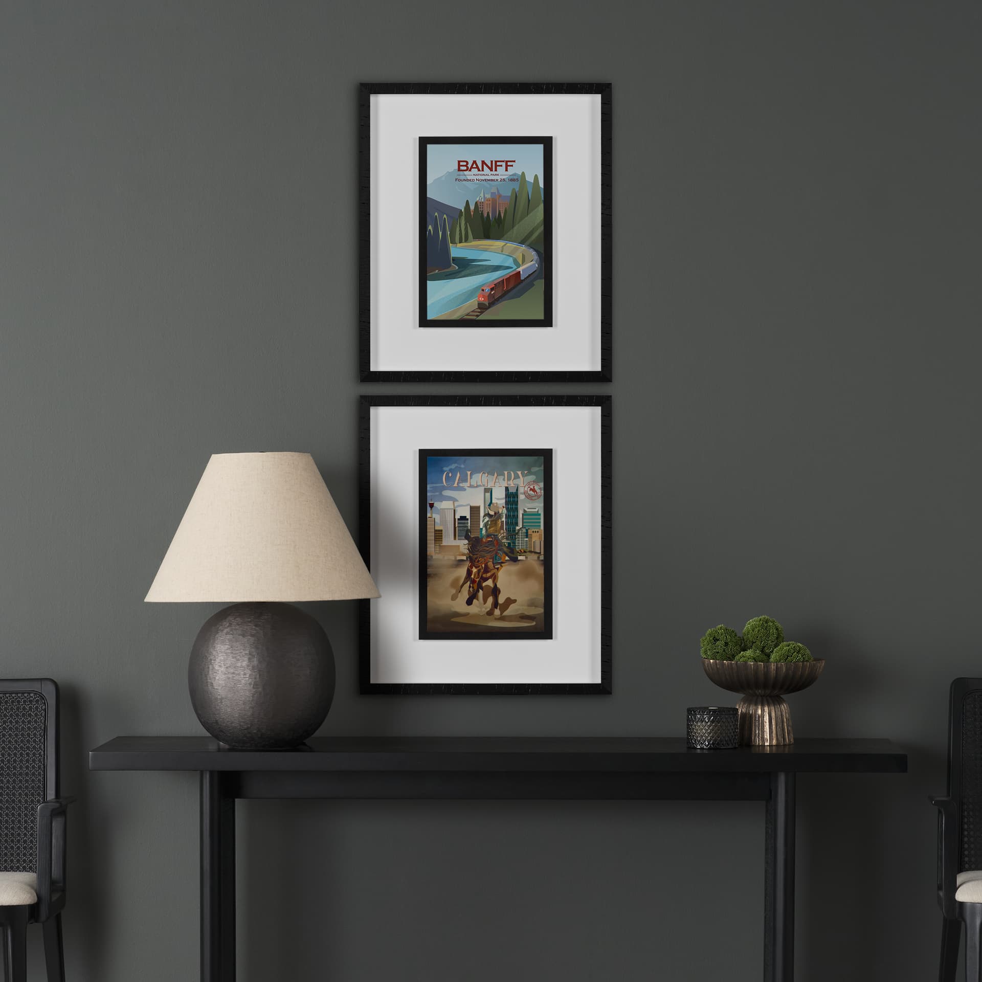 Banff Go Canada (M) by Mercana Studio a Framed Art Print Matted under Glass — in a styled room