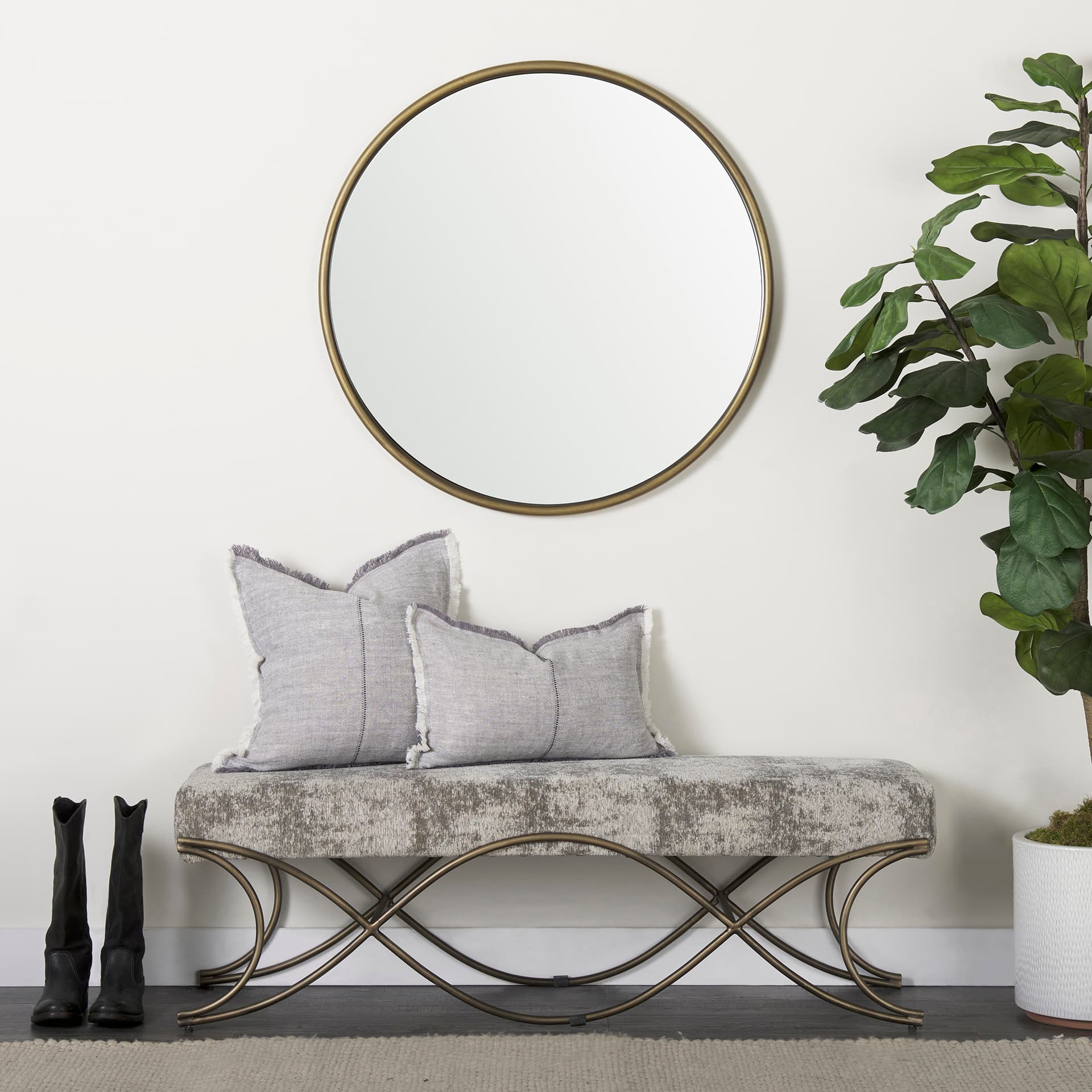 Ayla 55L x 17.6W x 18H Light and Dark Gray Fabric Seat W/ Antique Gold Metal Frame Bench — in a styled room