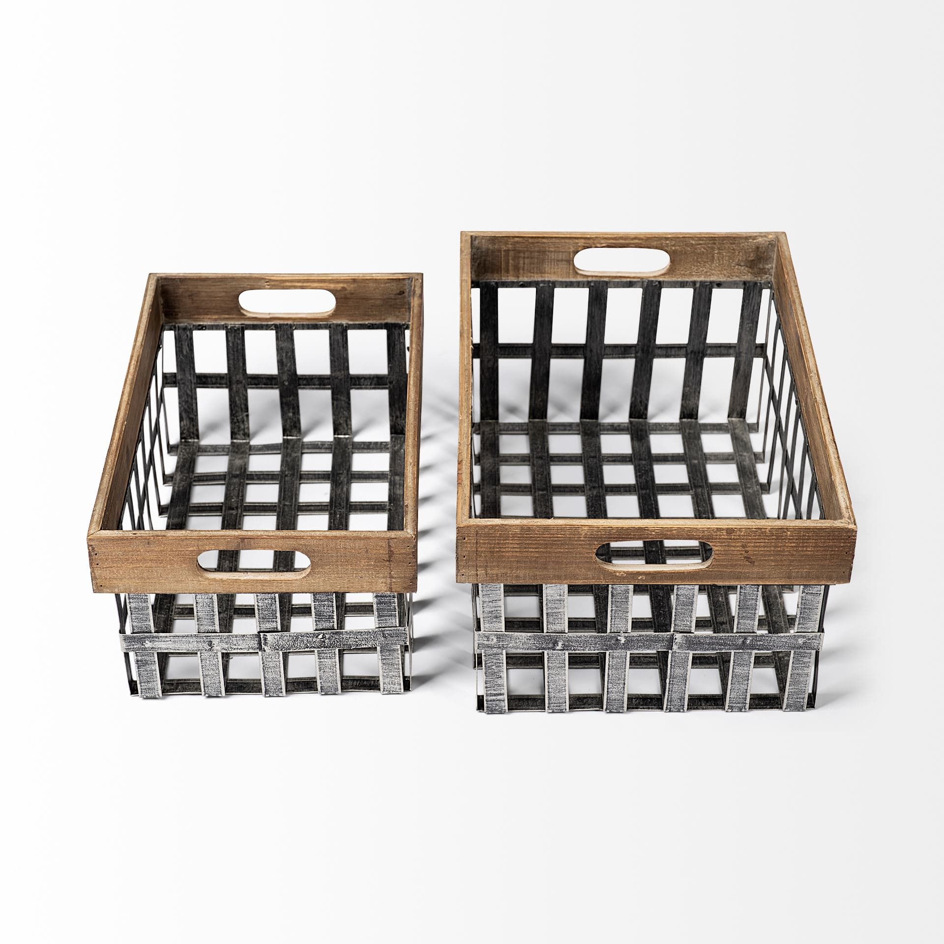 Chartrand Set of 2 Wood And Metal Open Crate Style Baskets — product photograph
