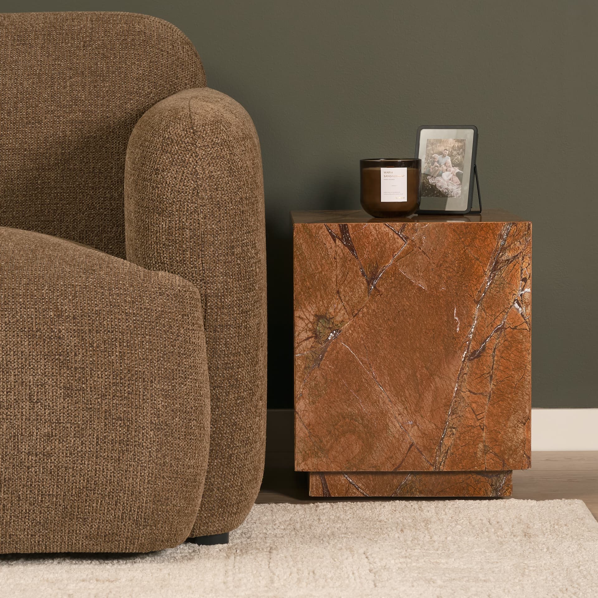 Matteo Solid Rainforest Rust Marble Square Side Table — in a styled room