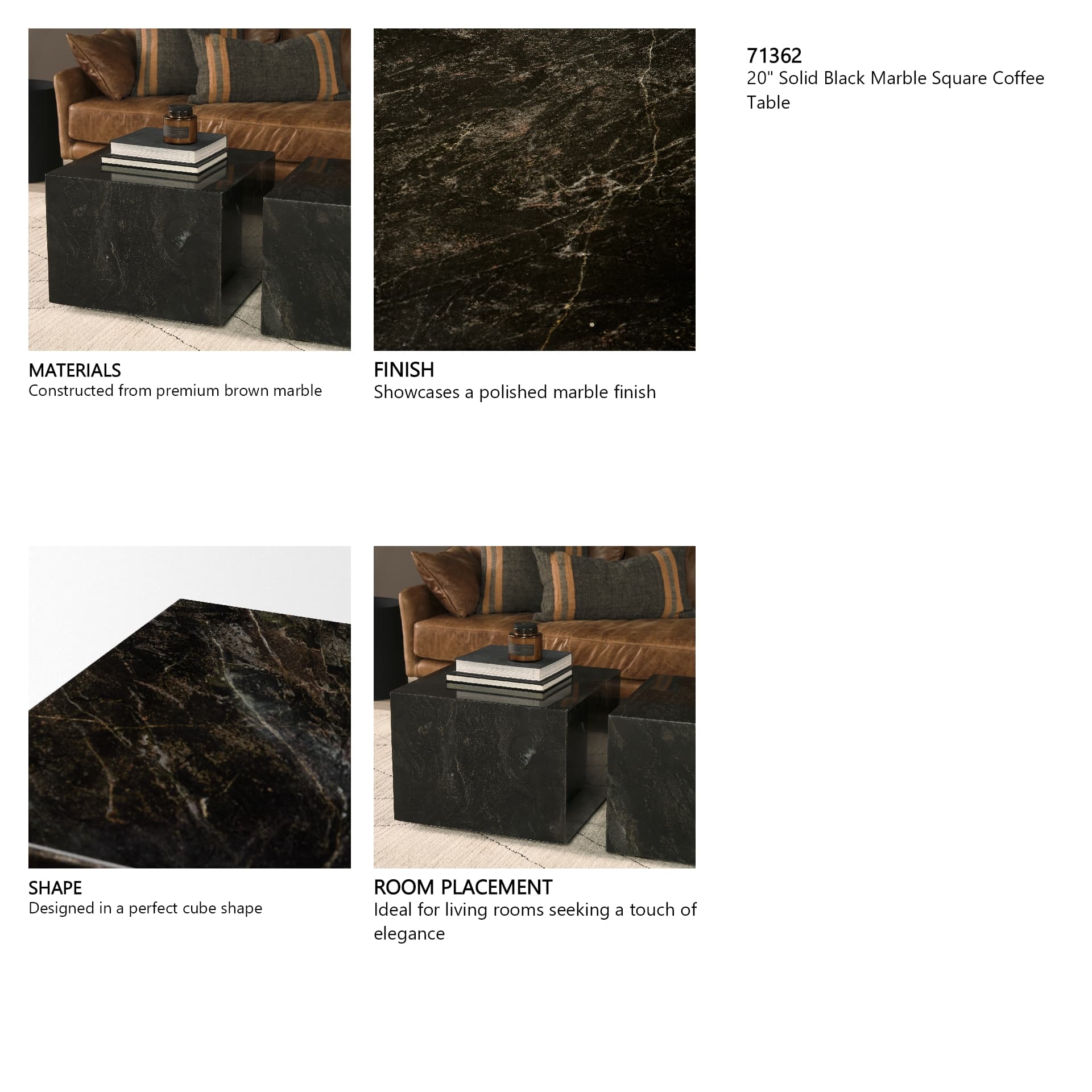 Quadra 20" Solid Black Marble Square Coffee Table — in a styled room