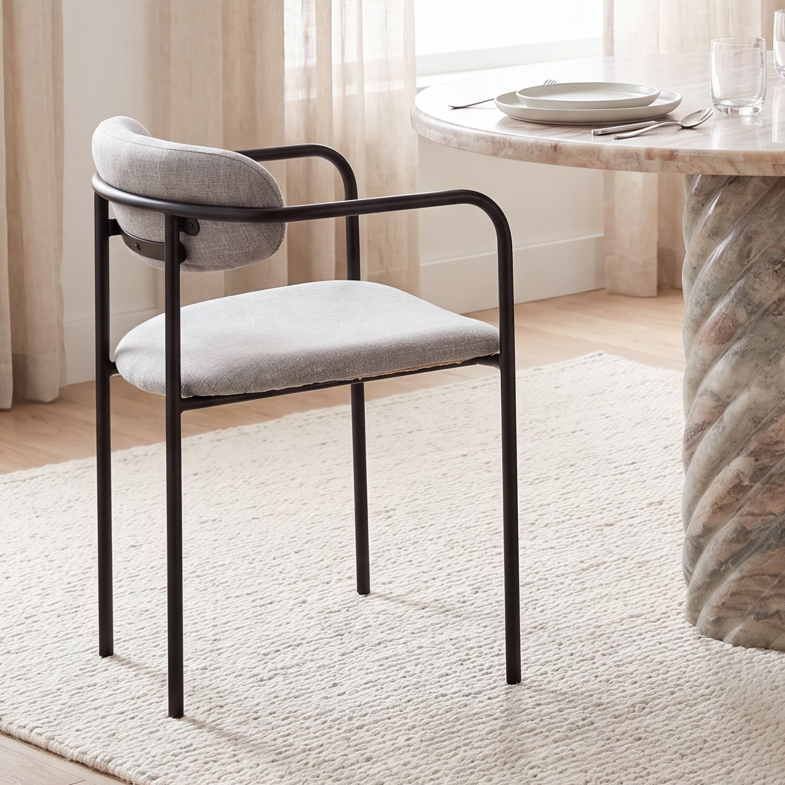 Parker Curved Back Dining Arm Chair | Gray Fabric w/ Black Metal — product photograph