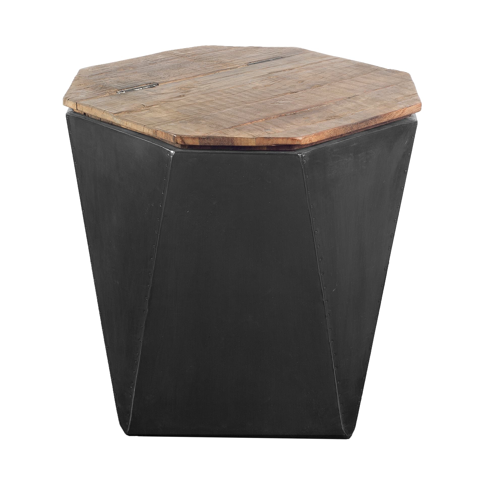Esagono Octagonal Black Metal-Clad Reclaimed Wood End/Side Table w/ Storage — product photograph