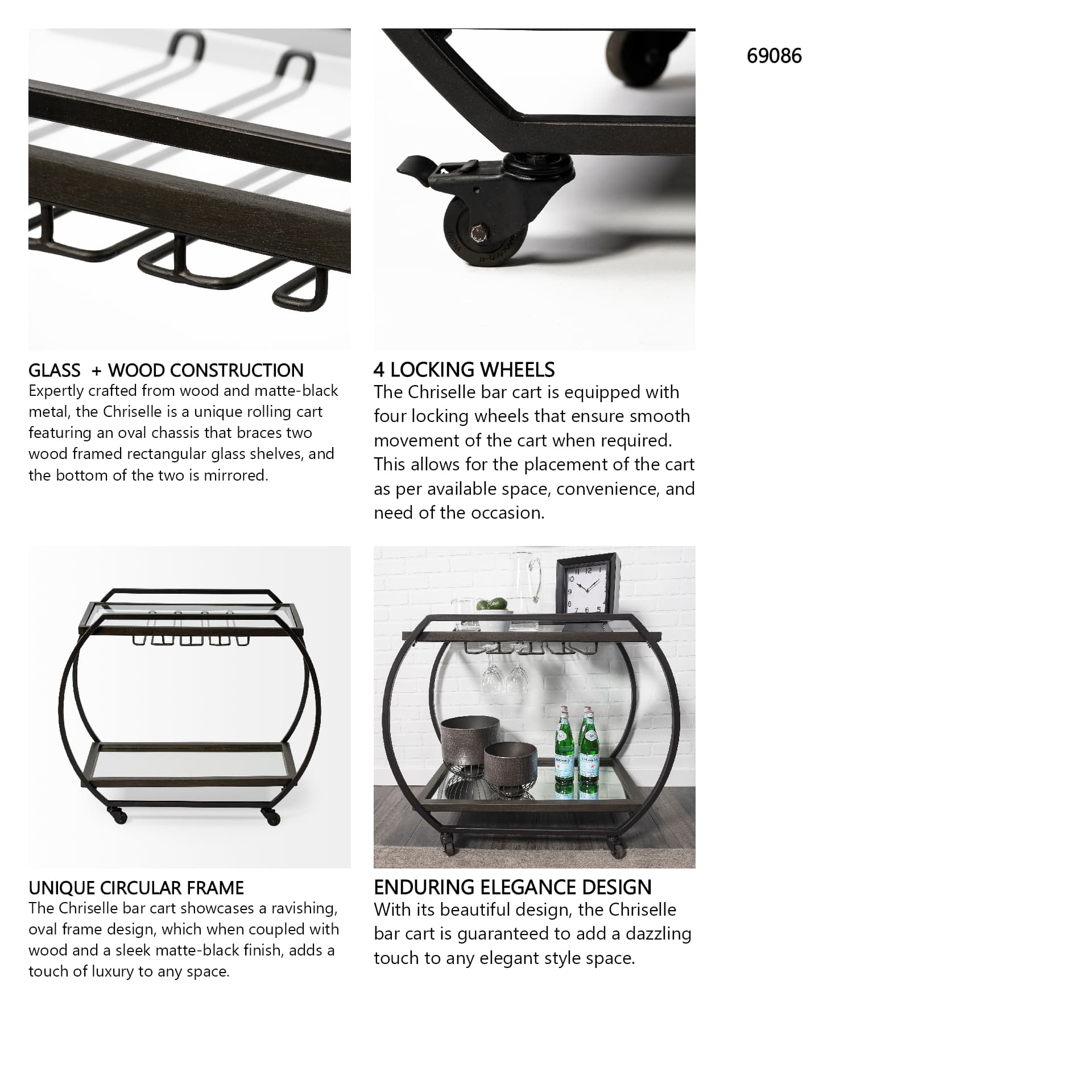 Chriselle Black Metal And Glass Two Tier Bar Cart — in a styled room