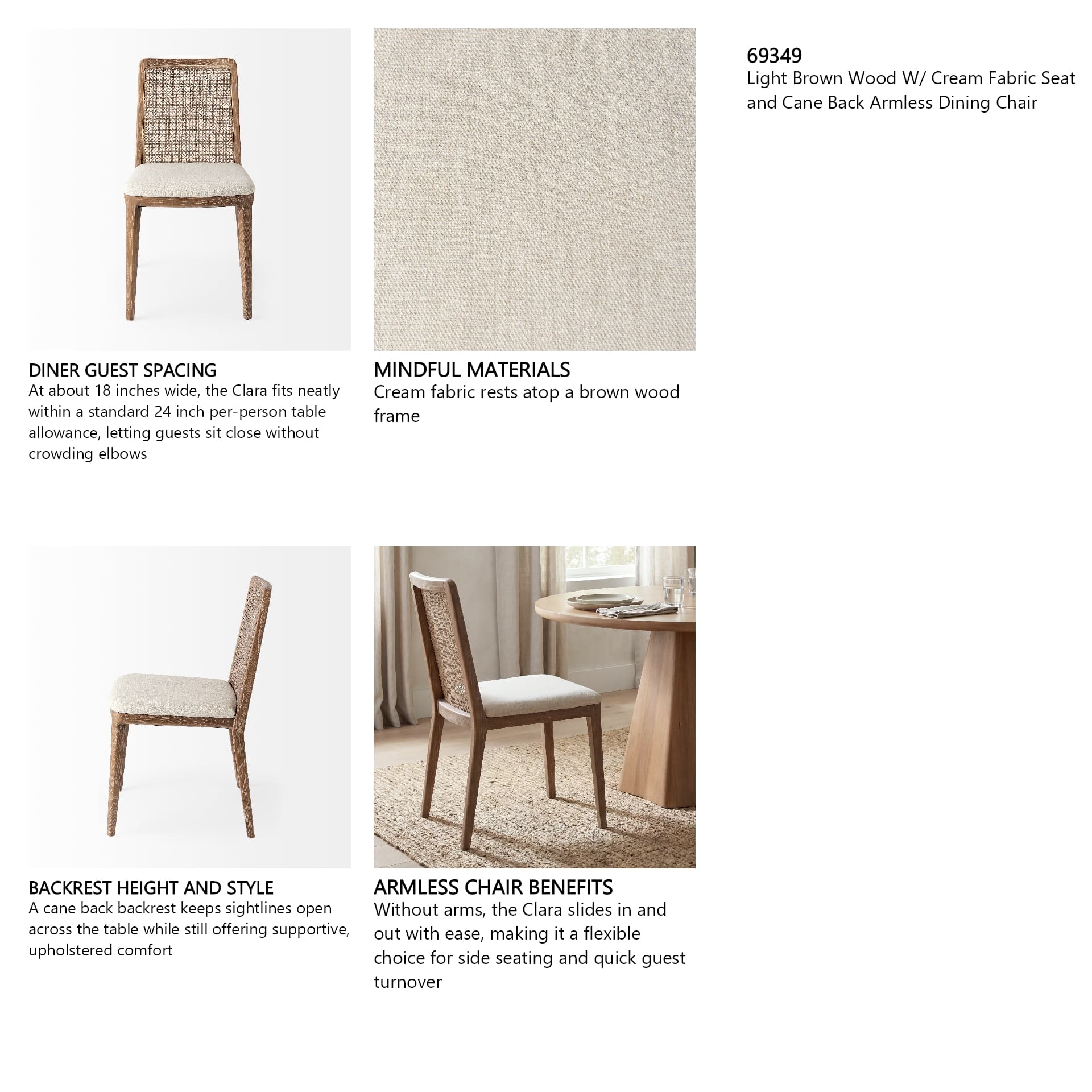 Clara Cane Back Dining Side Chair | Cream Fabric w/ Brown Wood — in a styled room