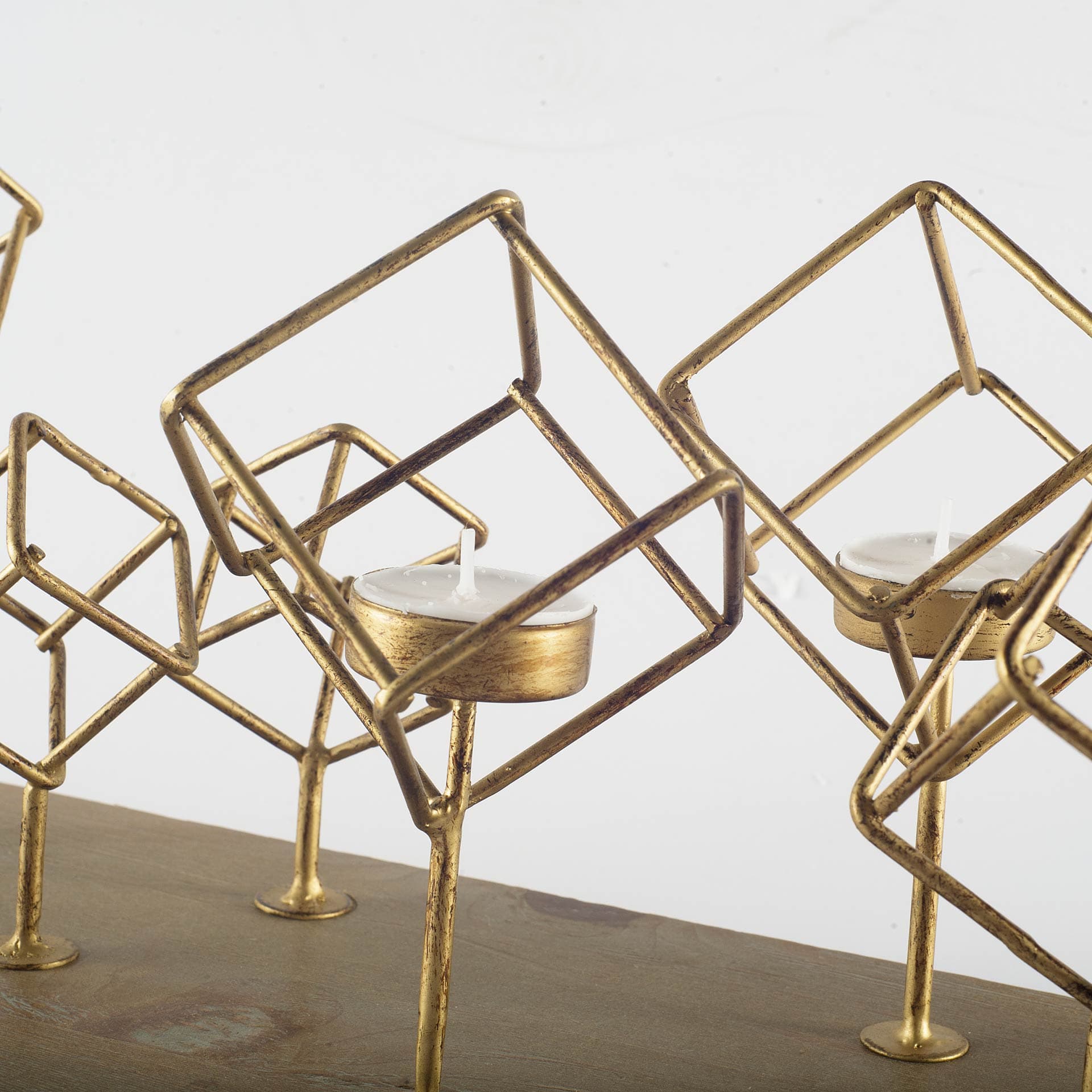 Salvador II Wood Base Brass Cube Tea Light Table Candle Holder — product photograph