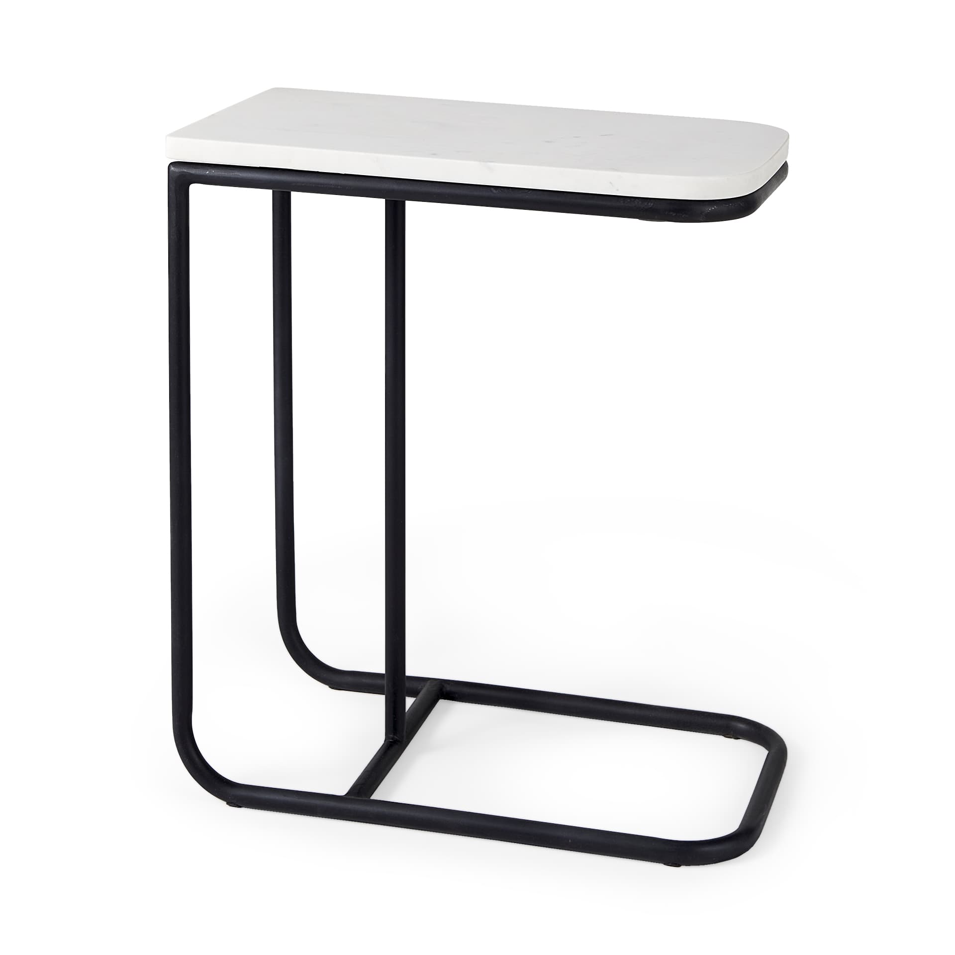 Kyra 12.0L x 20.0W x 23.0H White Marble Top W/Black Iron Frame C-Shaped End and Side Table — product photograph