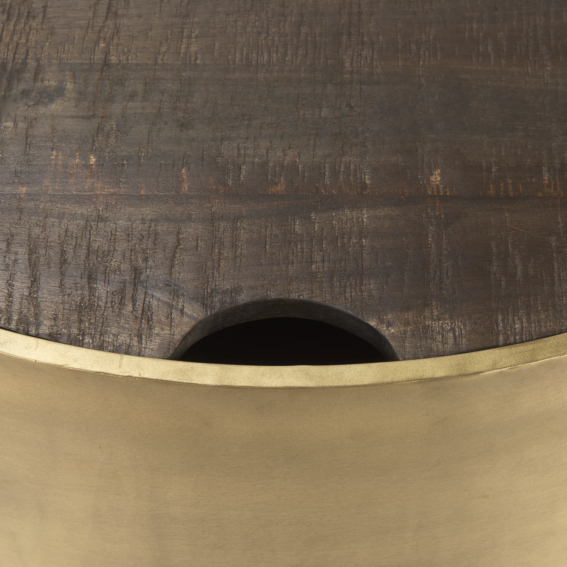 Eclipse Antique Brass Metal Drum Base w/ Dark Brown Wood Top Nested Coffee Table — product photograph