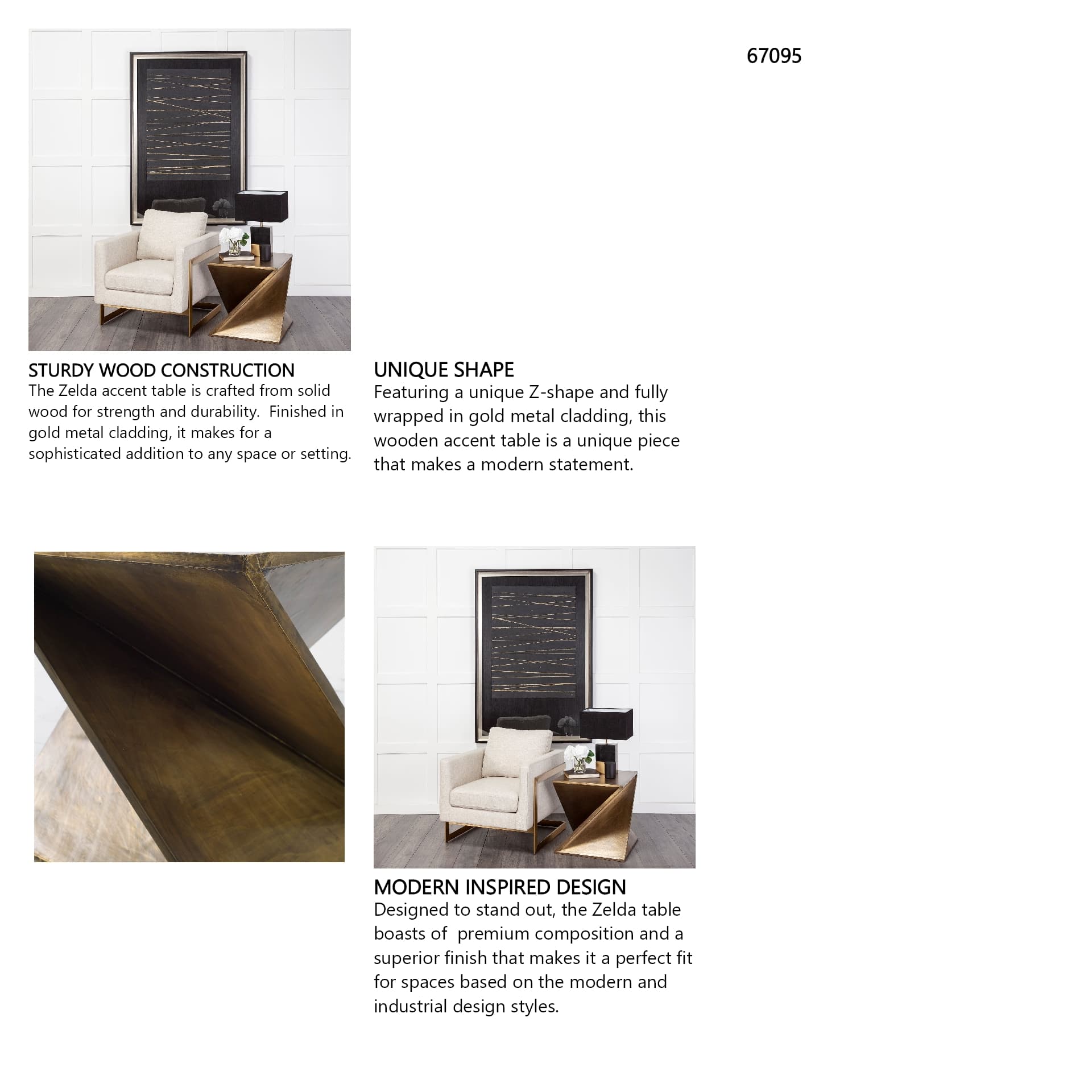 Zelda 20L x 20W Gold Metal-Cladded Z-Shaped Wooden Accent Table — in a styled room