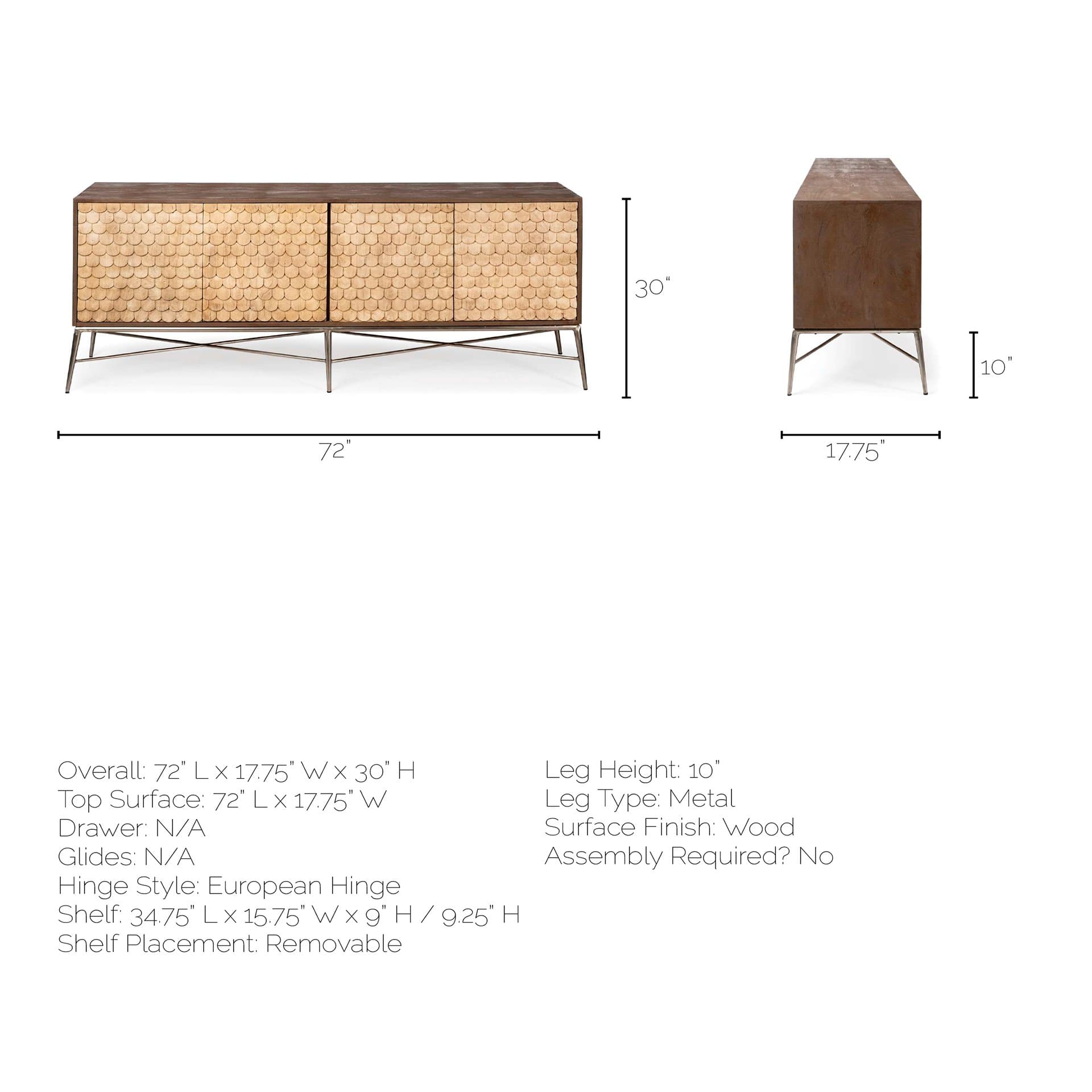 Swordfish 72L x 19W x 30.25H Two-Tone Brown Wood Cabinet Silver Metal Base 4 Cabinet Door Sideboard — product photograph