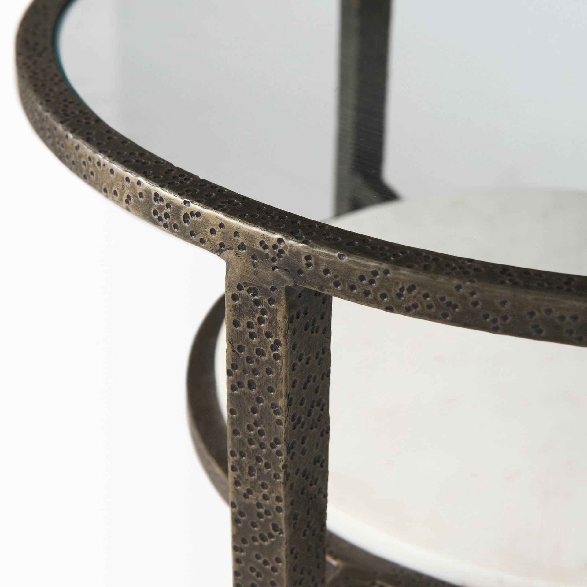 Felicity 15.8L X 15.8W X 22.5H Glass Top W/ White Marble Shelf and Antique Gold Base End/Side Table — product photograph