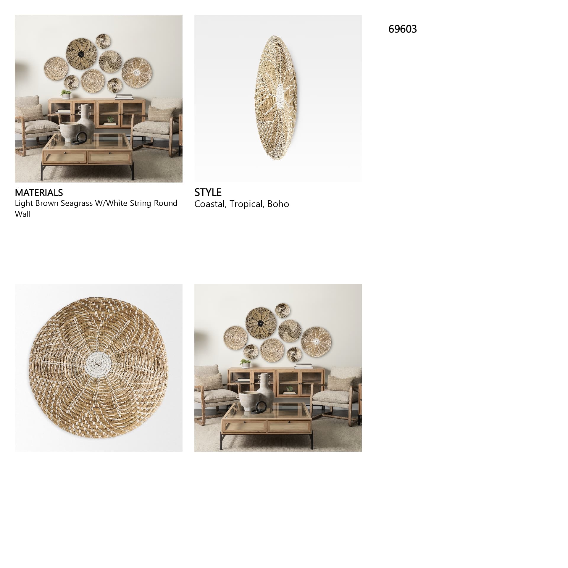 Mekhi 24.0L x 24.0W x 3.5 Light Brown Seagrass W/White String Round Wall Hanging Plate — in a styled room