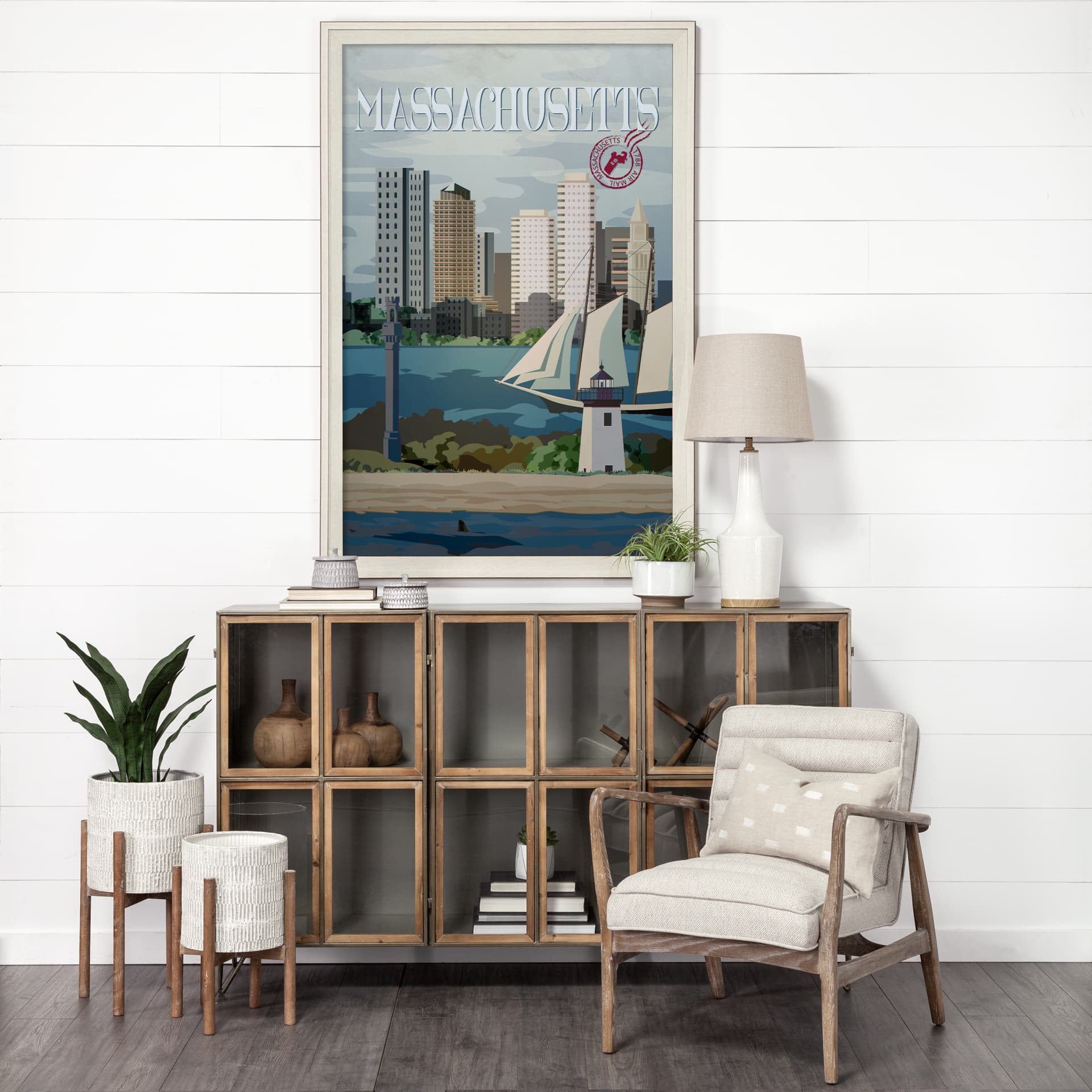 Massachusetts Go USA (XL) by Mercana Studio Hand Embellished Decograph Framed Art Print under Glass — in a styled room