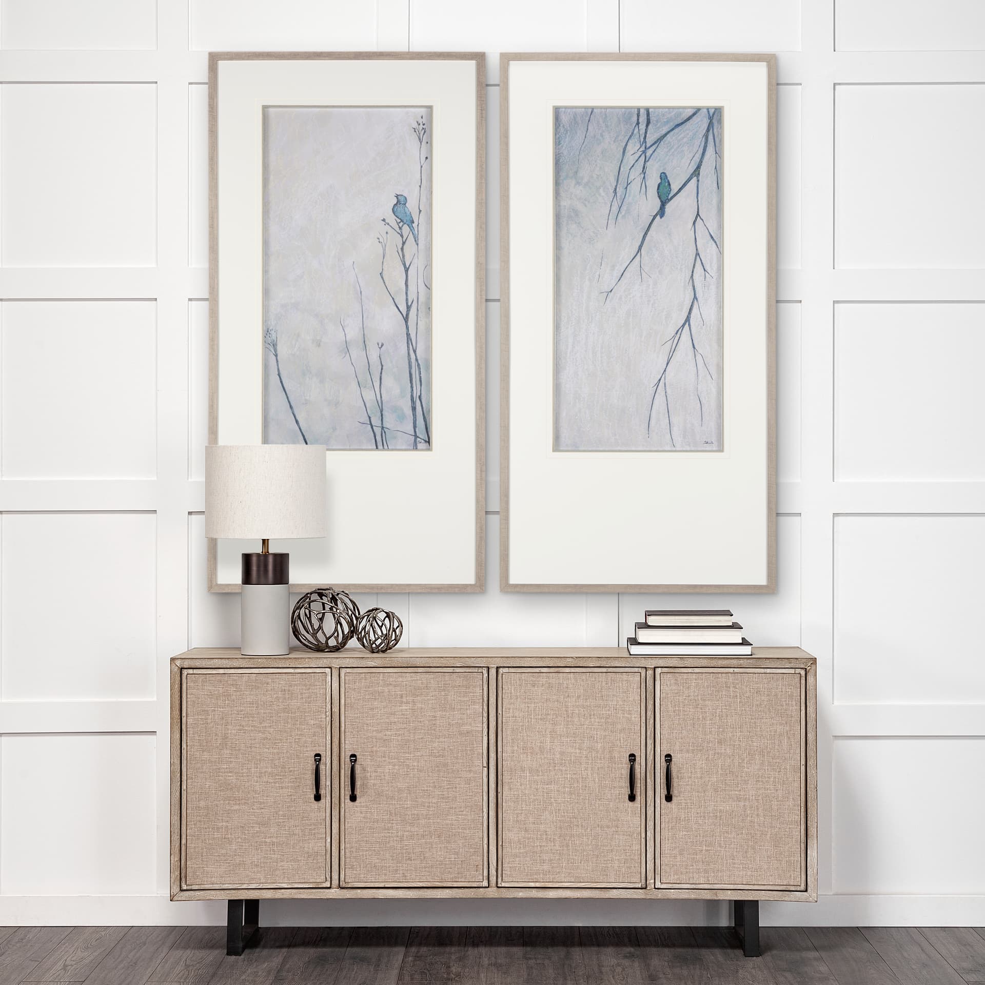 Bird Song I by Mercana Studio a Hand Embellished Textured Framed Art Print Matted under Glass — in a styled room