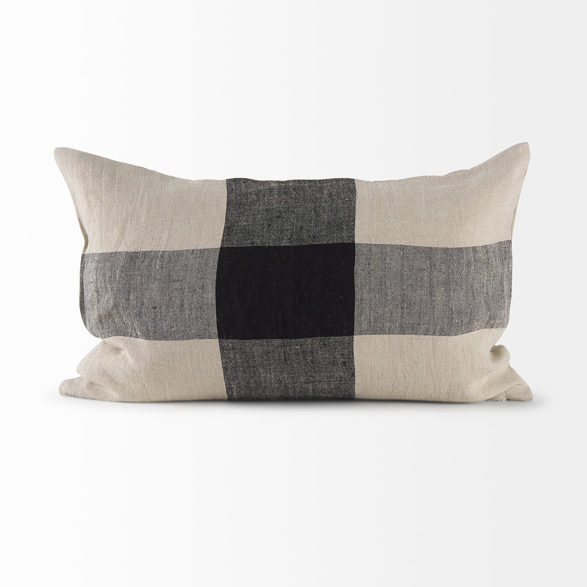 Raquel 13x21 Beige and Black Fabric Plaid Pillow Cover w/Down Filler — product photograph