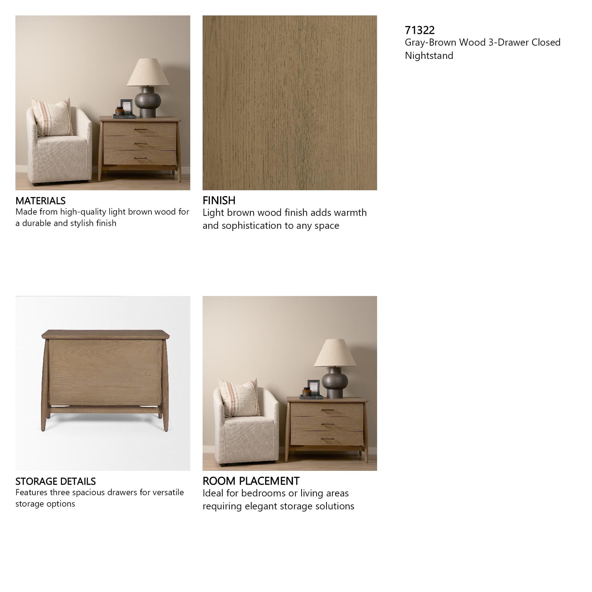 Hollis Gray-Brown Wood 3-Drawer Closed Nightstand — product photograph