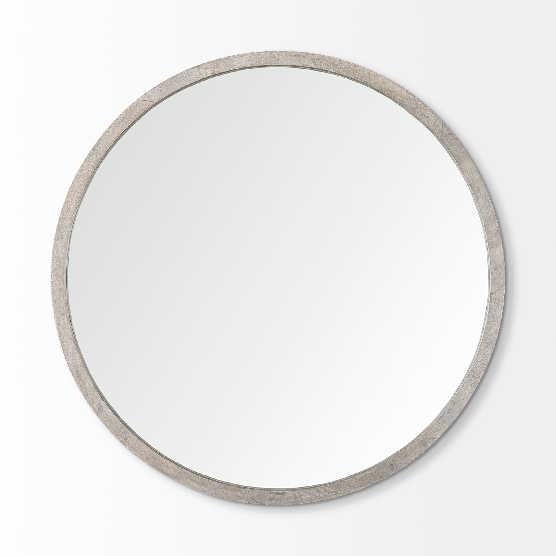 Gambit 46" Round Gray Wash Wood Frame Wall Mirror — product photograph