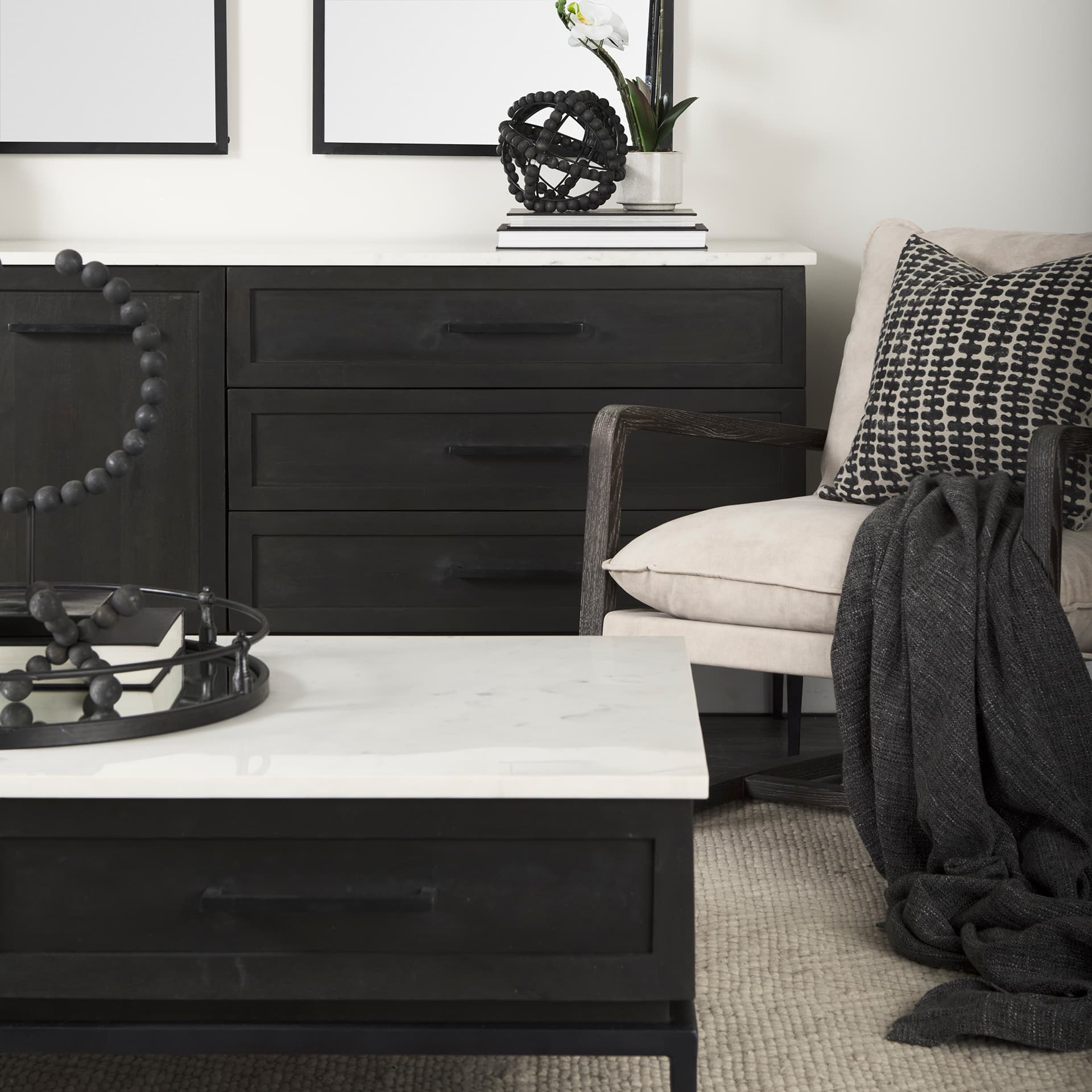 Divina Black-Brown Wood w/ White Marble Top and Black Metal Base Sideboard — product photograph