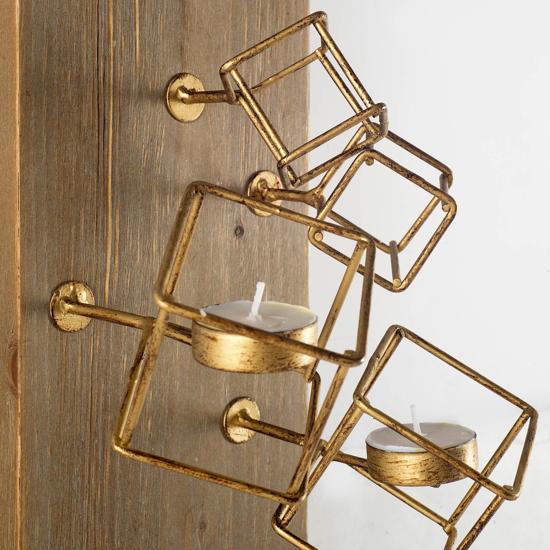 Salvador I 22H Wood Based Brass Metal Cube Wall Candle Holder — product photograph