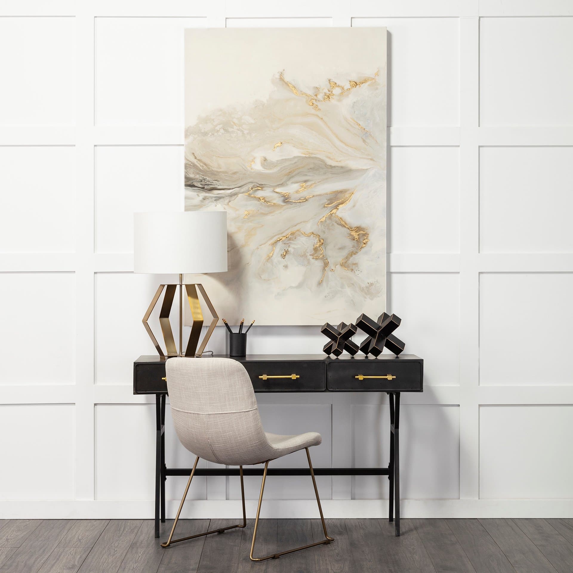 Vince 51L x 18W Black Metal W/Gold Accents 3 Drawer Office Desk — in a styled room