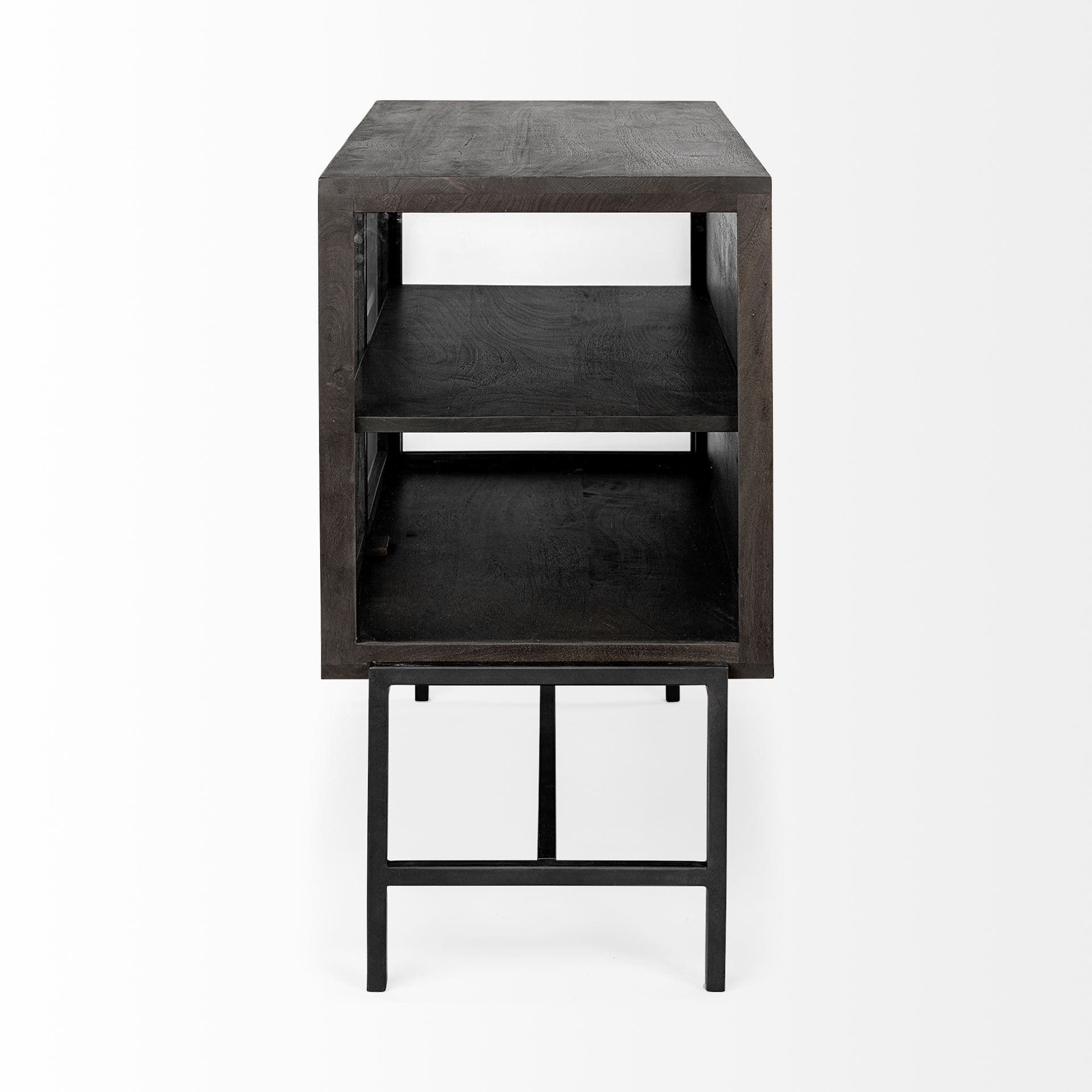 Arelius 36L x 18W Black-Brown Wood, Black Metal Base w/ 2 Glass Doors Accent Cabinet — product photograph