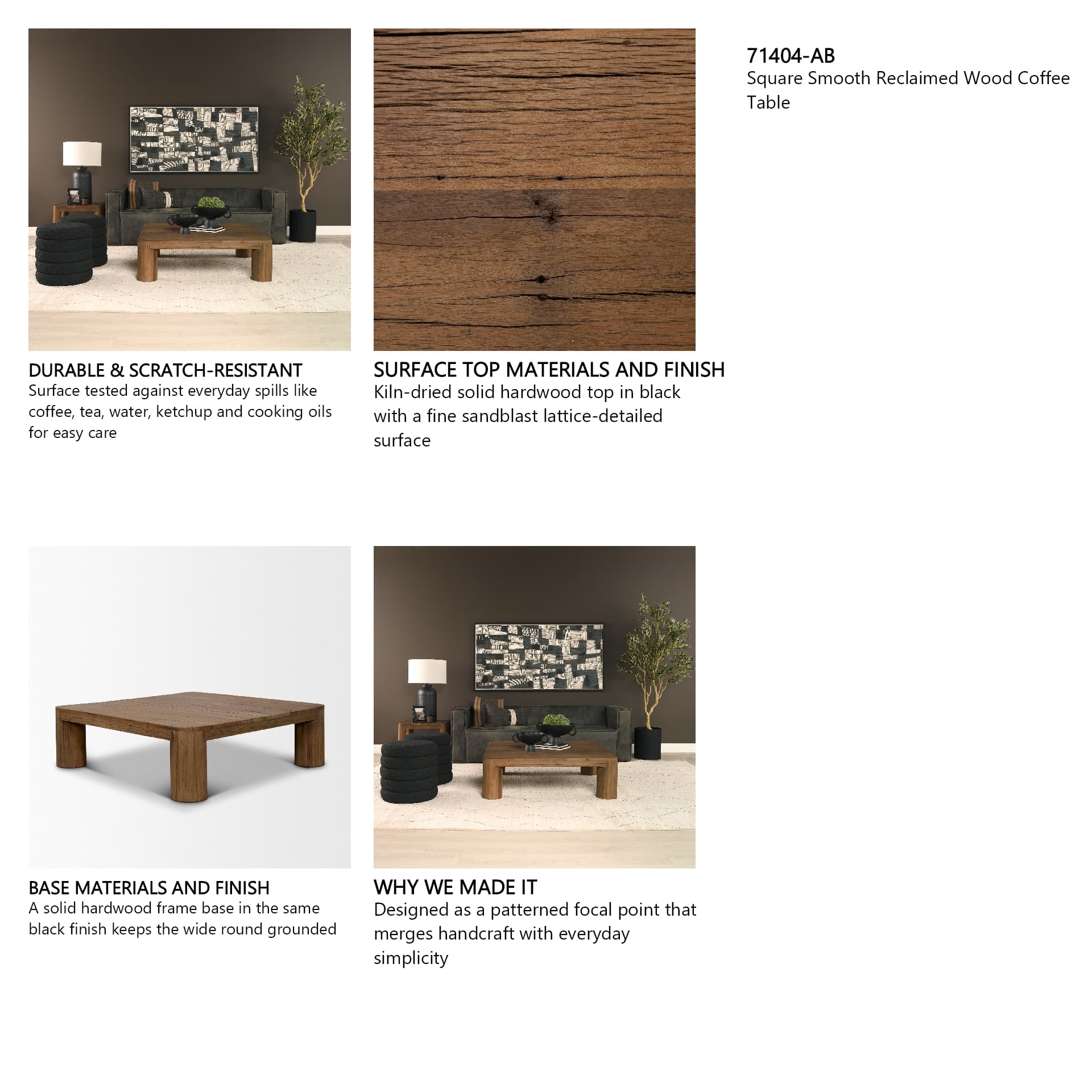 Hewitt Square Smooth Reclaimed Wood Coffee Table — in a styled room