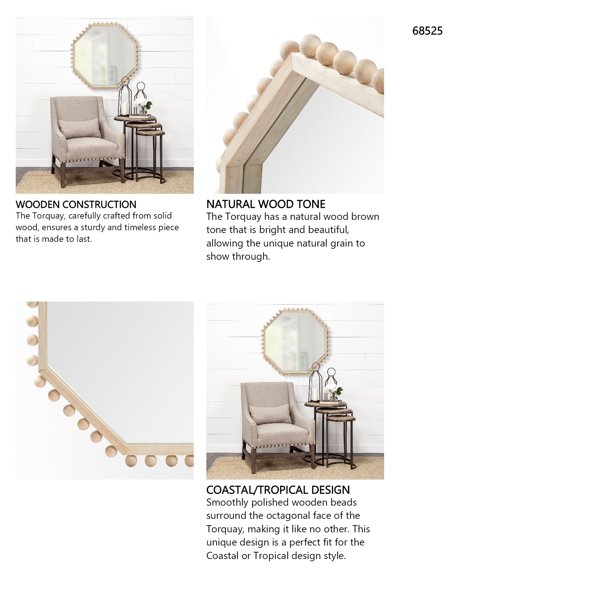 Torquay 33L x 33H Natural Wood Octagon Frame Mirror — in a styled room