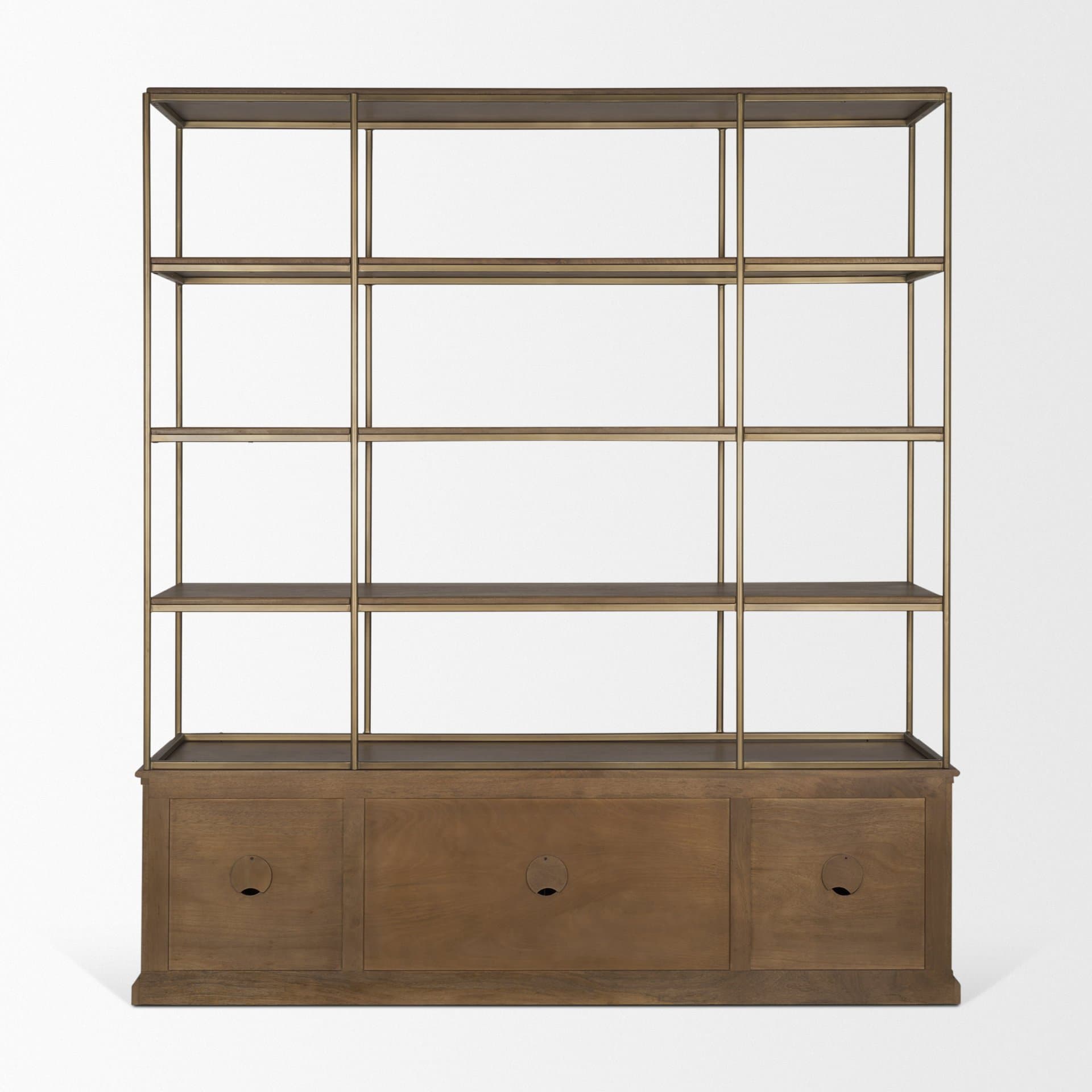Baron 4-Door Dark Brown Wood w/ Antique Brass Metal Open Shelving Unit — product photograph