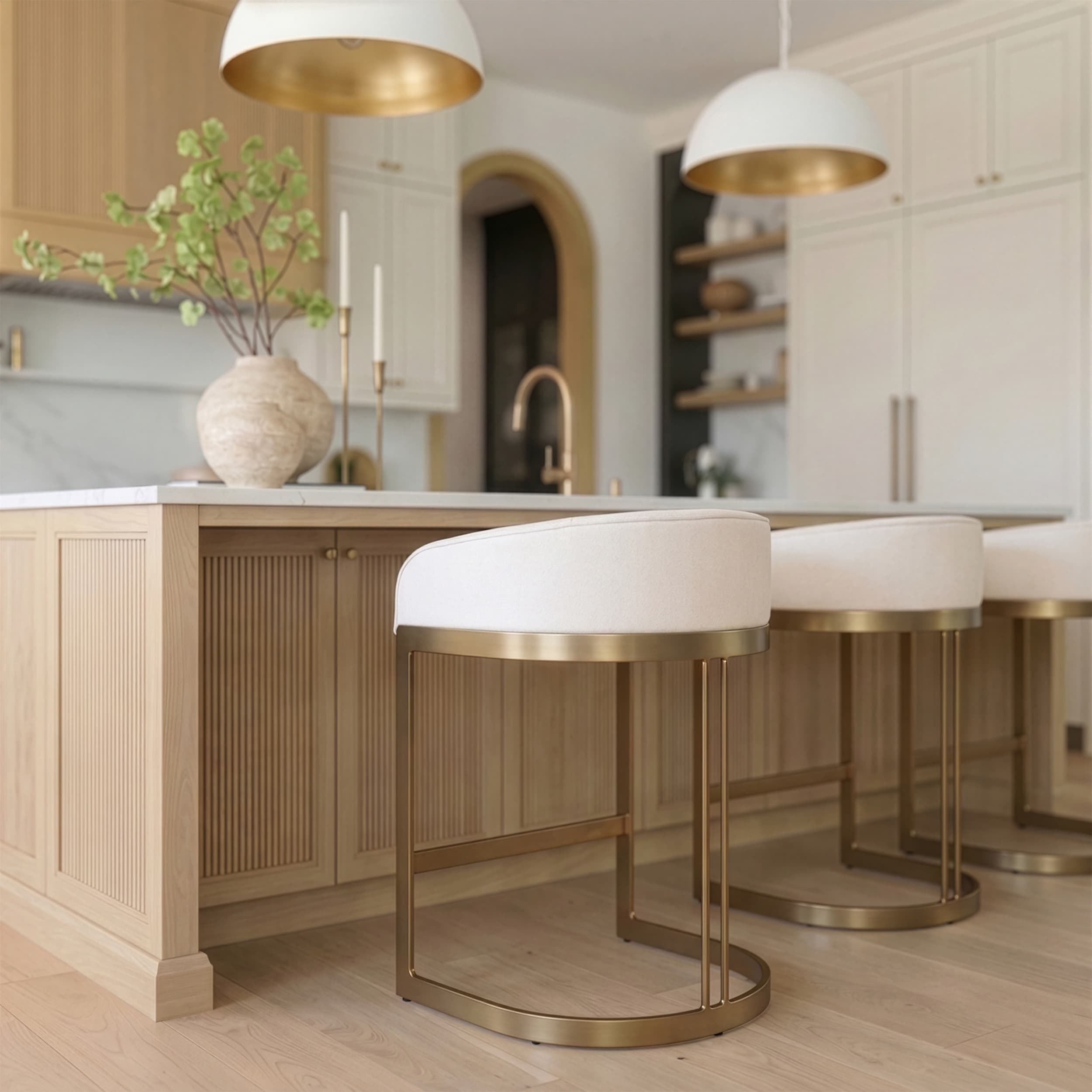 Hollyfield Low Back 24.75in Seat Counter Stool | Cream Fabric w/ Metal — product photograph