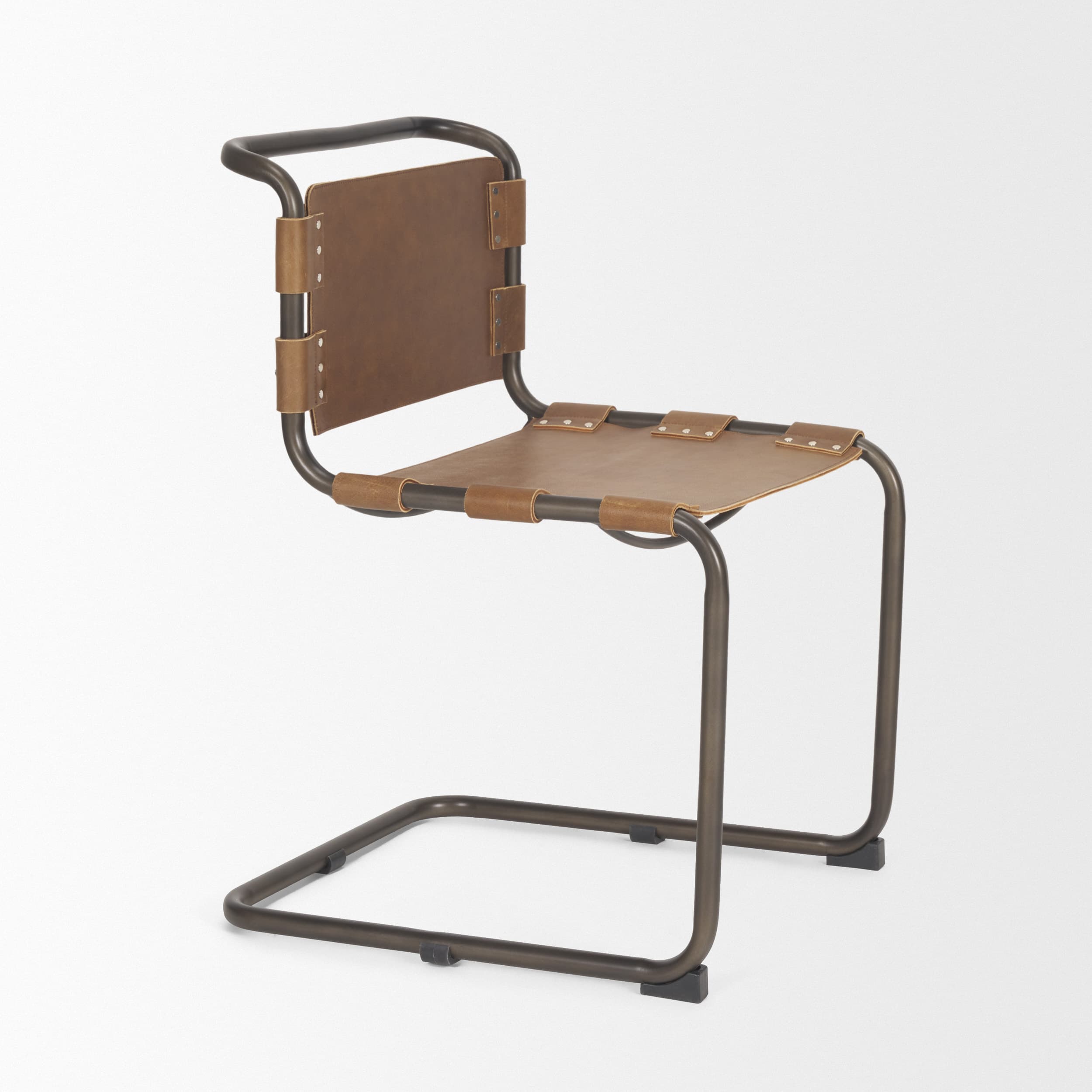 Berbick Open Back Dining Side Chair | Medium Brown Leather w/ Iron — product photograph