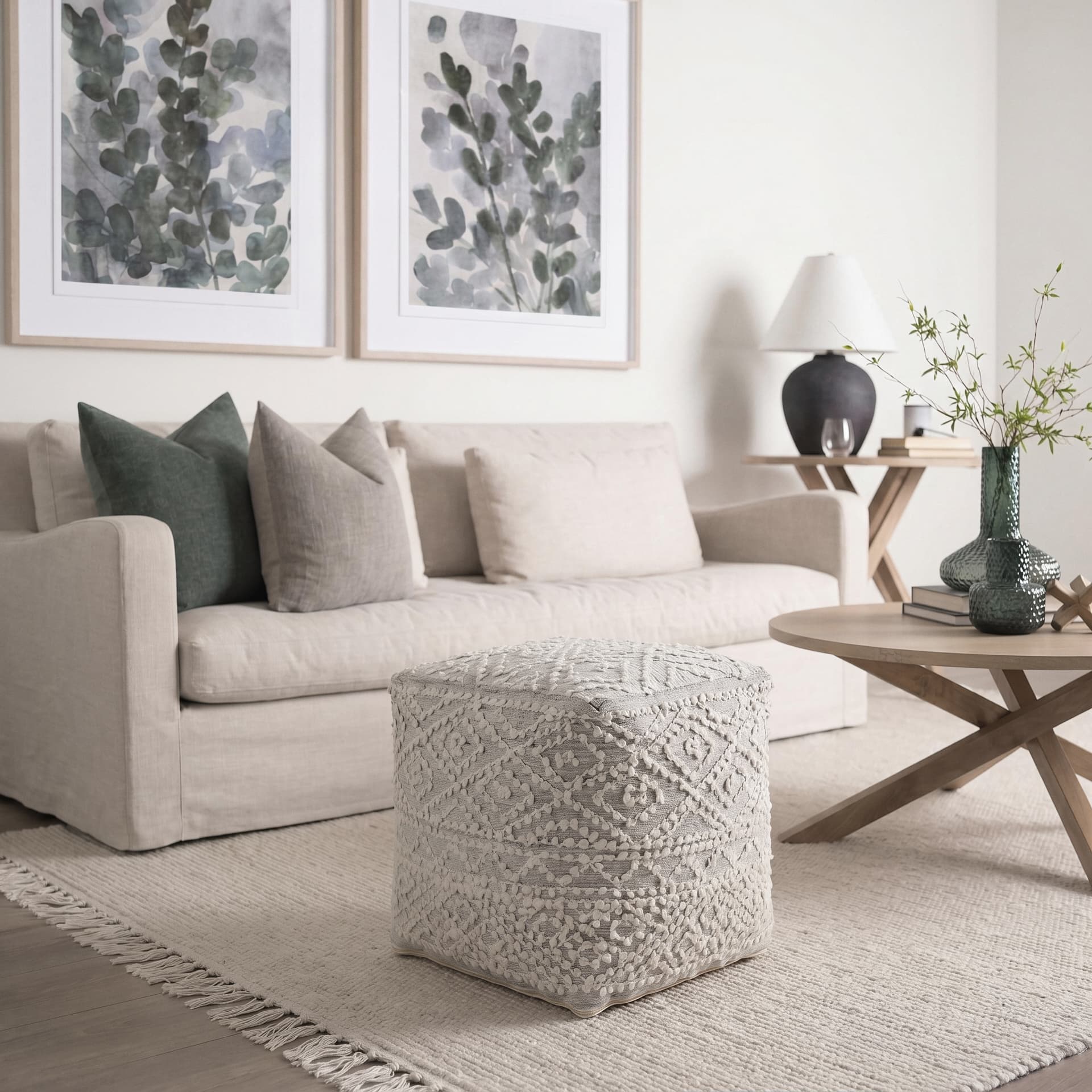Farida 6.0L x 16.0W x 16.0H Light Gray Wool and Polyester Patterned Pouf — product photograph