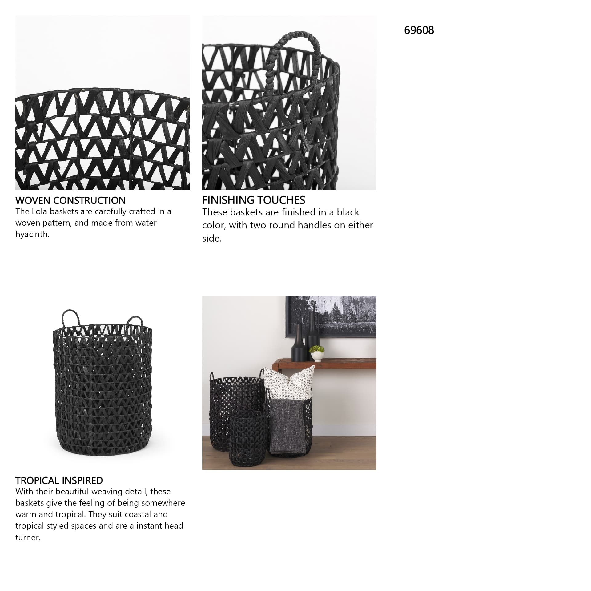Lola (Set of 3) Black Water Hyacinth Zig Zag Weave Round Basket W/ Handles — in a styled room
