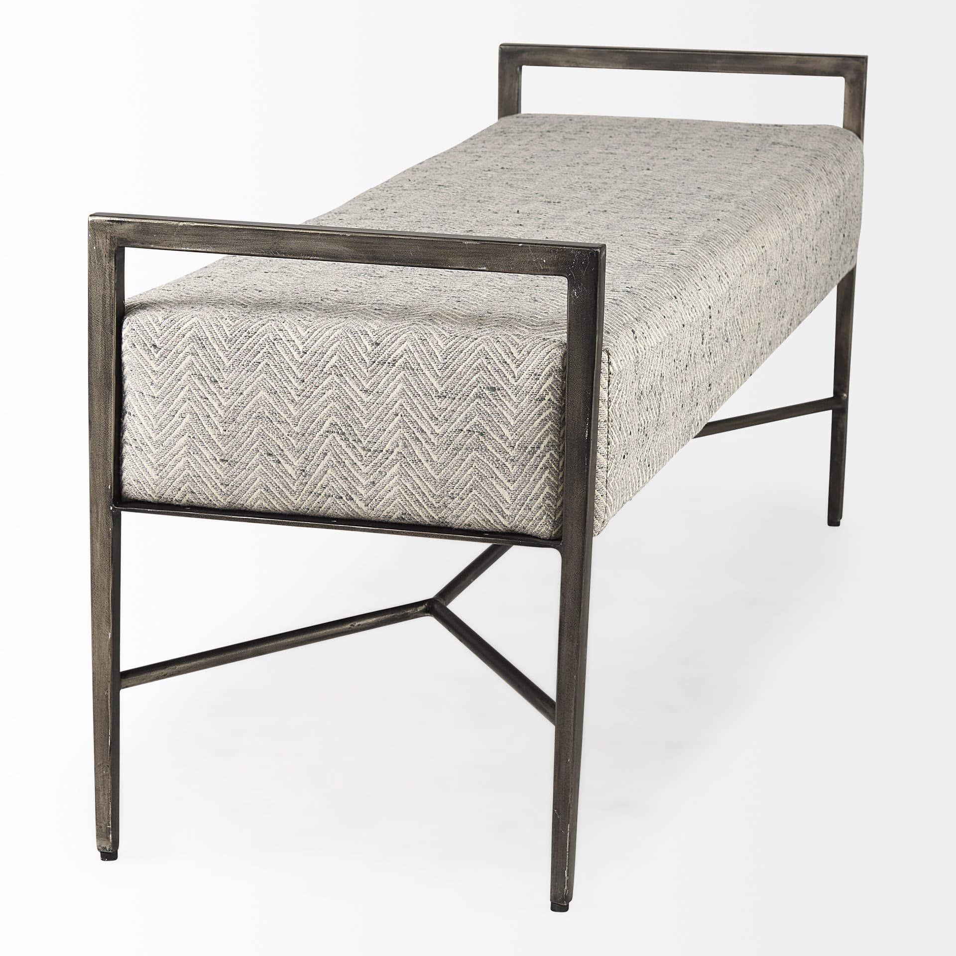 Charlotte 55.0L Gray Herringbone Fabric Seat w/ Antique Nickel Metal Frame Bench — product photograph
