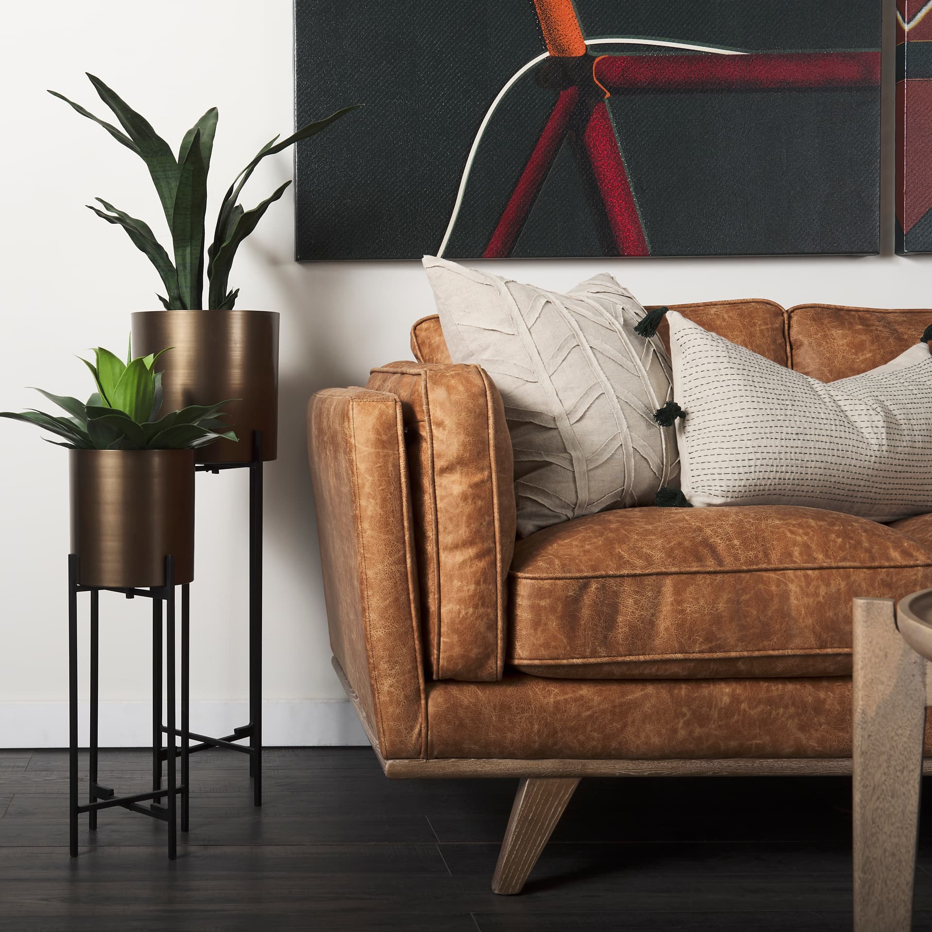 Brooks 90.2L x 34.8W x 33.5H Cognac Brown Faux Leather Three Seater Sofa W/ Medium Brown Wooden Legs — product photograph