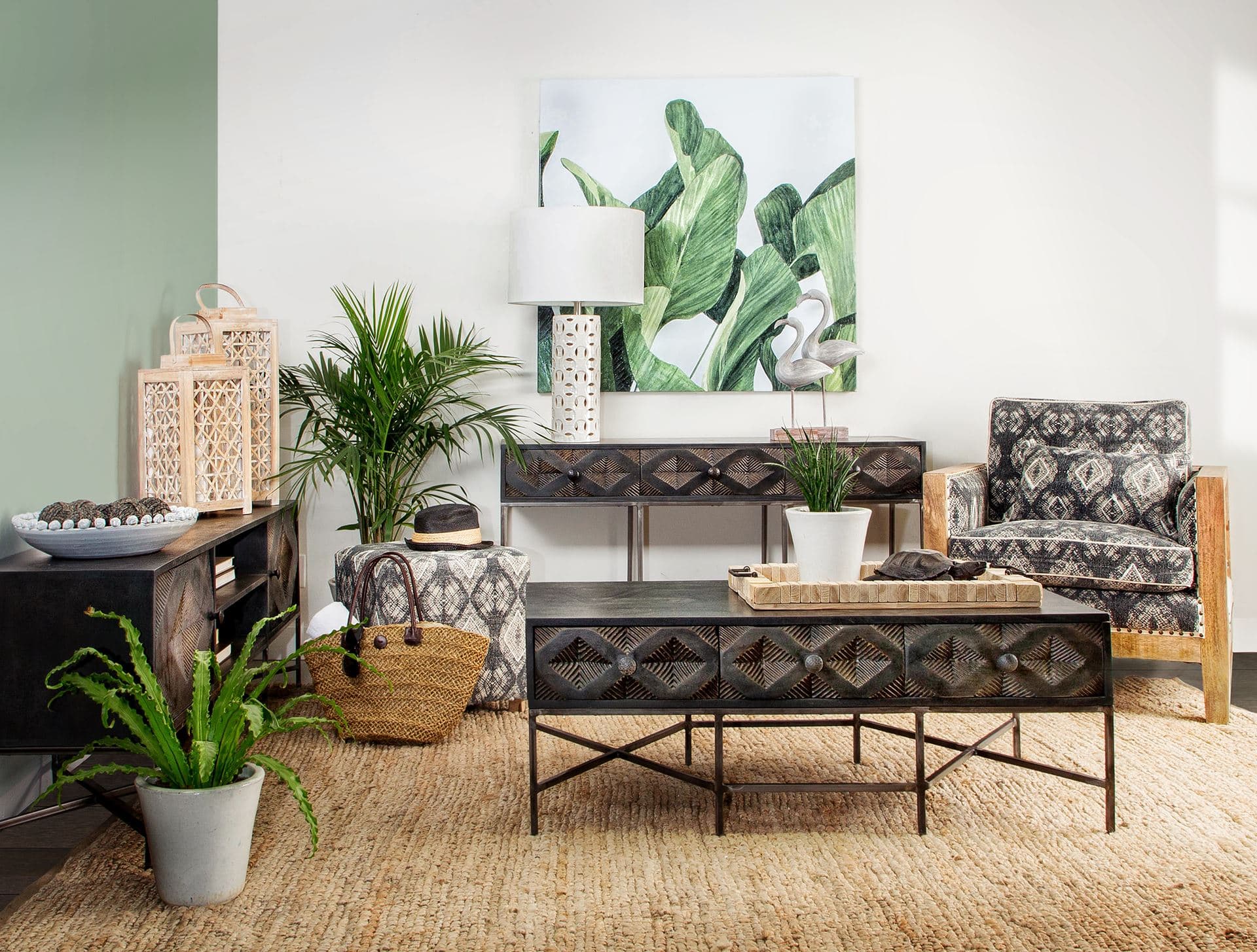 Hogarth 48x24 Rectangular Brown Solid Wood Top Iron Metal Base w/6 Drawers Coffee Table — in a styled room