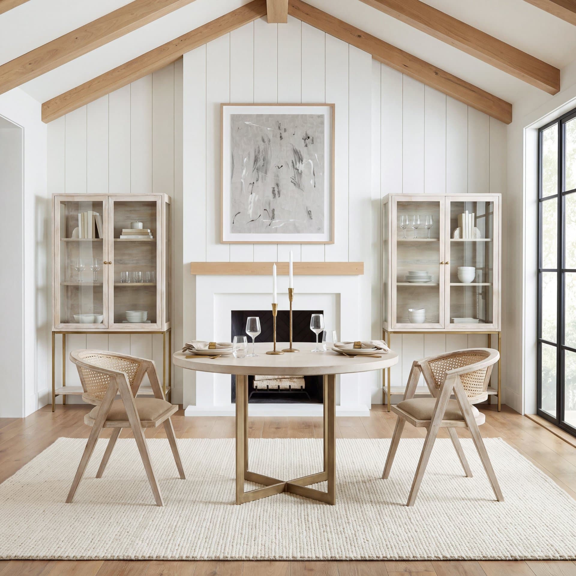 Arelius 36L x 18.75W x 63H White Wood W/ Gold Metal Base Display Cabinet — in a styled room