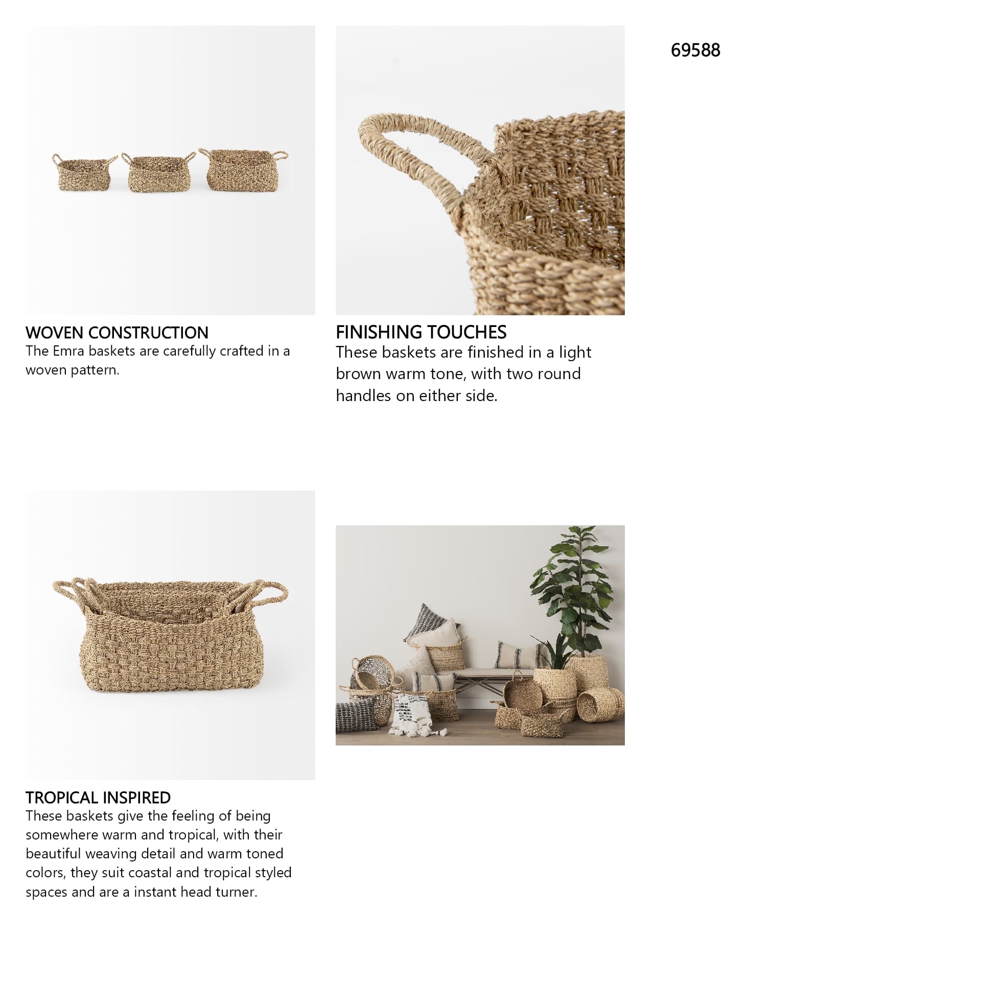 Emra (Set of 3) Light Brown Seagrass Rectangular Basket W/ Handles — in a styled room