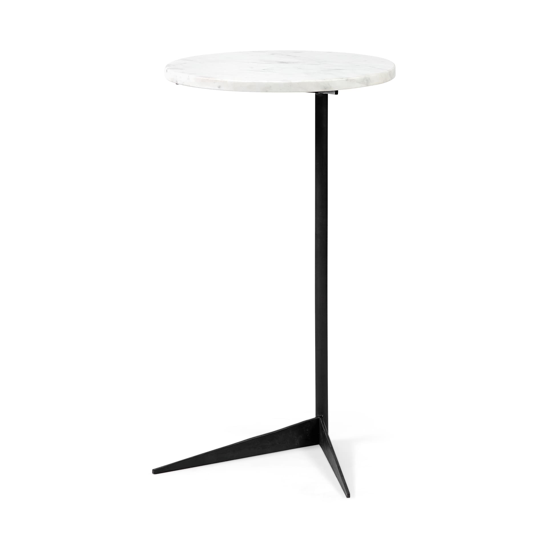 Ballatine II 15L x 15W x 27L White Marble Round Top White w/ Black Metal Base Accent Table — product photograph