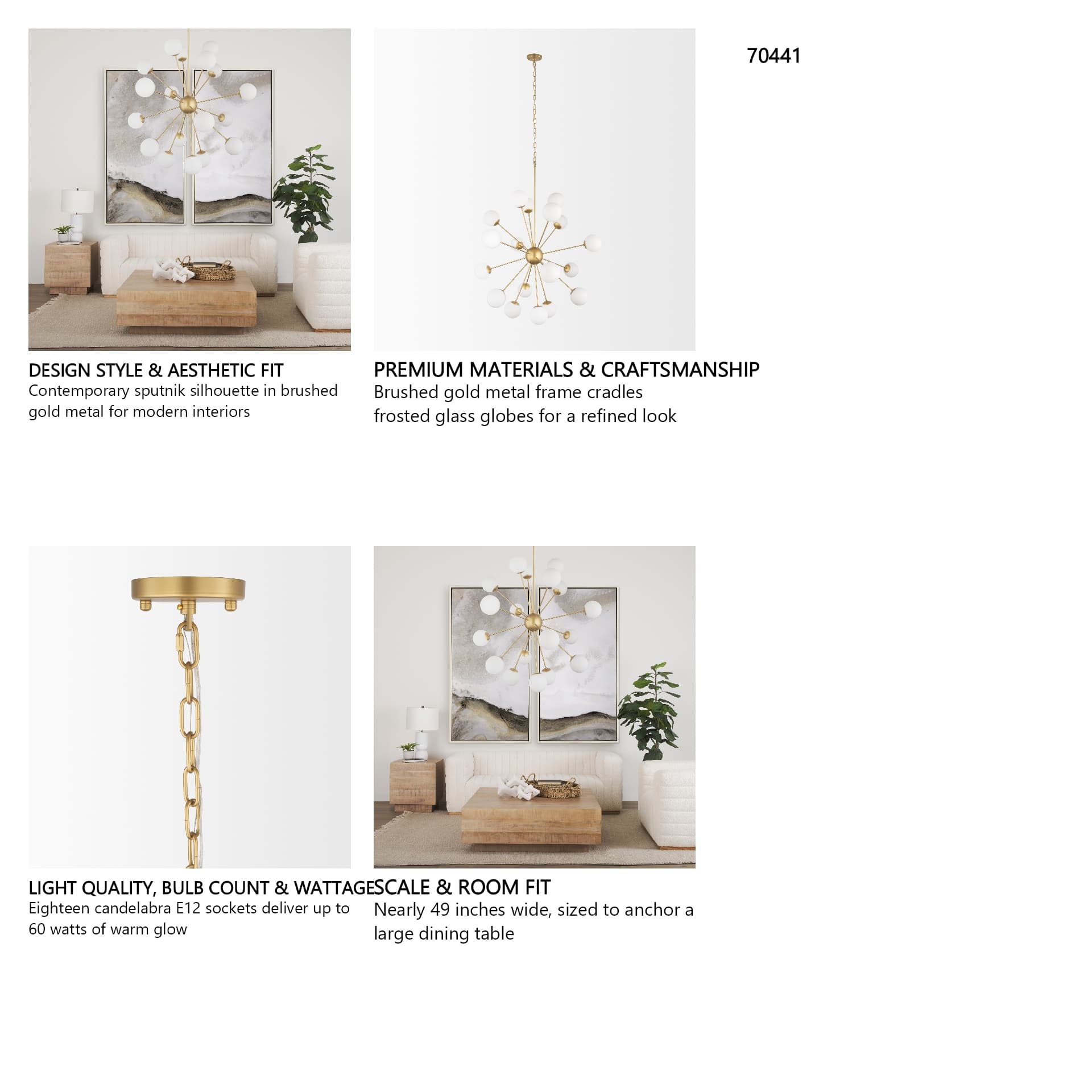 Barbara Brushed Gold Metal w/ Frosted Glass Globes 18-Light Chandelier — in a styled room