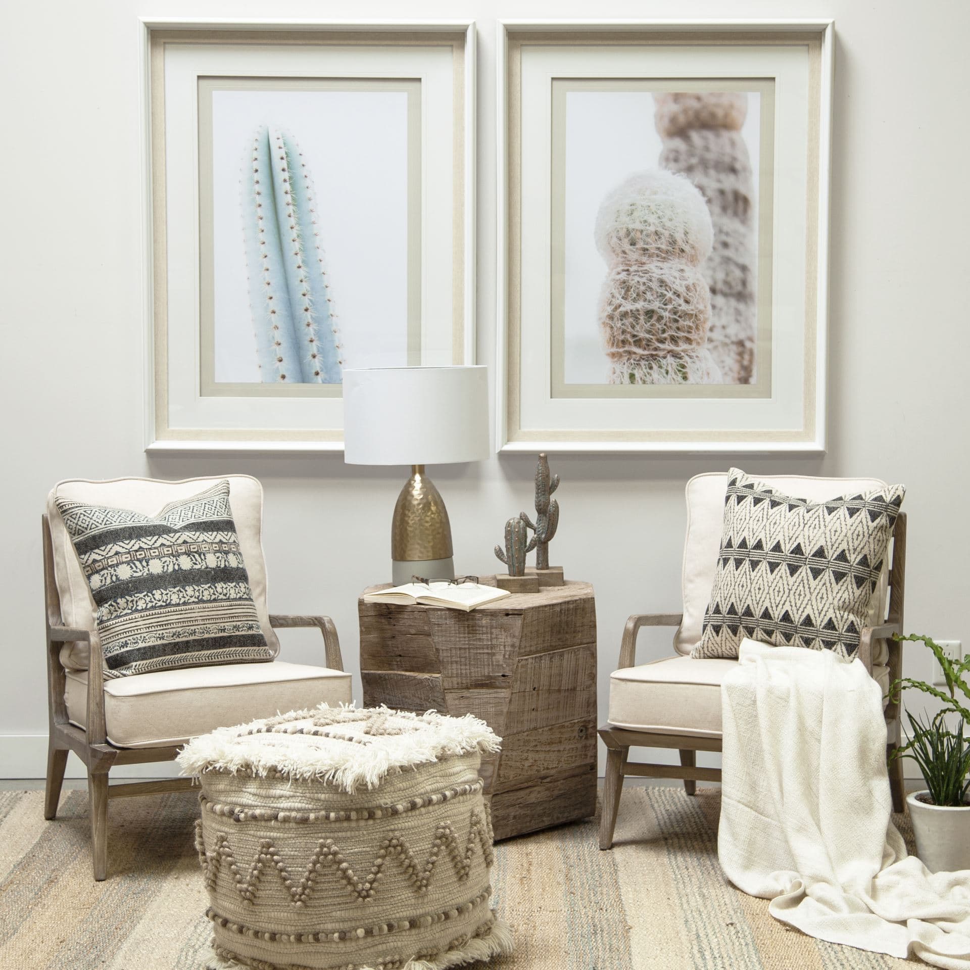 Caela Beige/Brown Wool, Cotton and Felt Popcorn Stitch Square Pouf — in a styled room