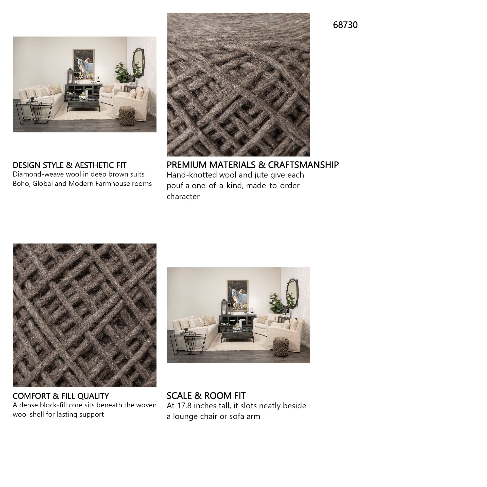 Allium Dark Brown Handwoven Wool Cylindrical Pouf — in a styled room