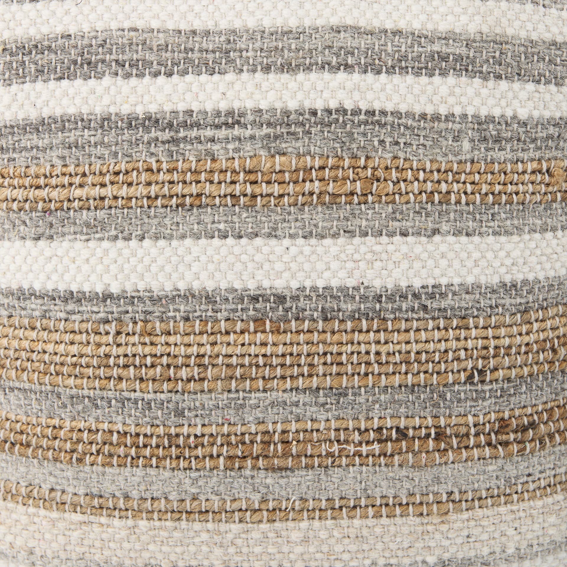 Aahana 16.0L x 16.0W x 16.0H White/Taupe/Gray Striped Hemp and Cotton Pouf — product photograph