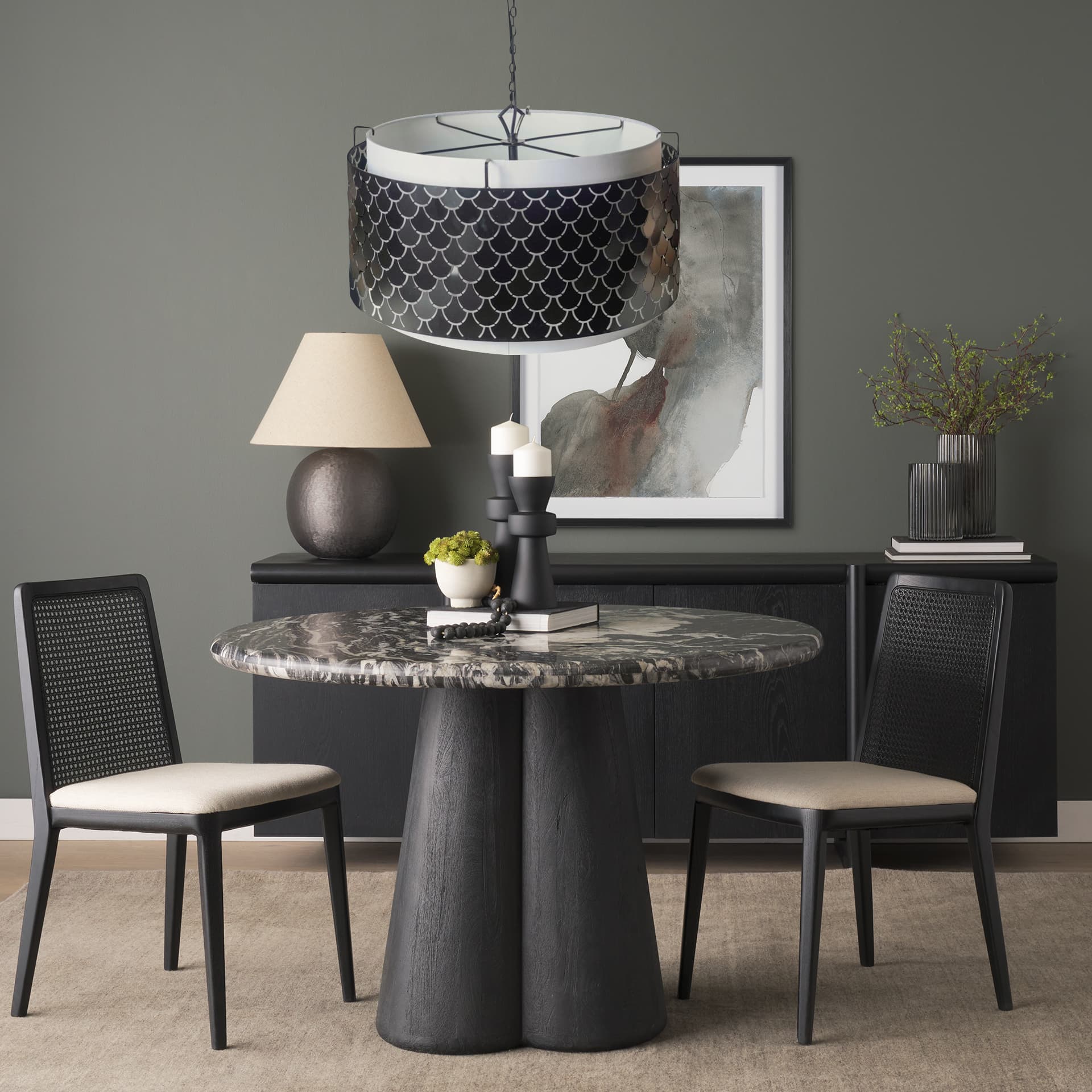 Brasseur I (26"x15") Charcoal Black Metal Fish Scale Three Bulb Chandelier — product photograph