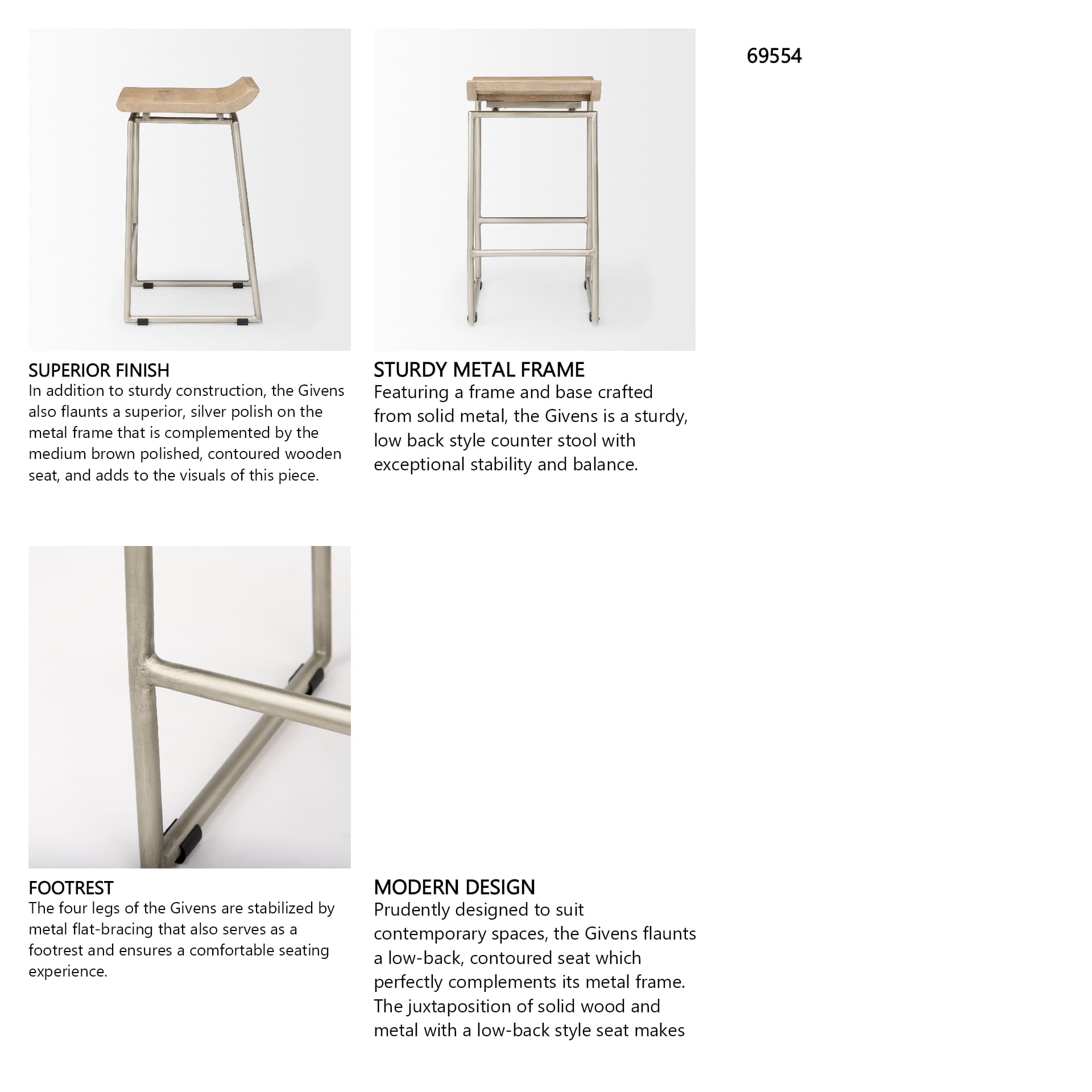 Givens Low Back 26in Seat Counter Stool | Brown Wood w/ Silver Metal — product photograph